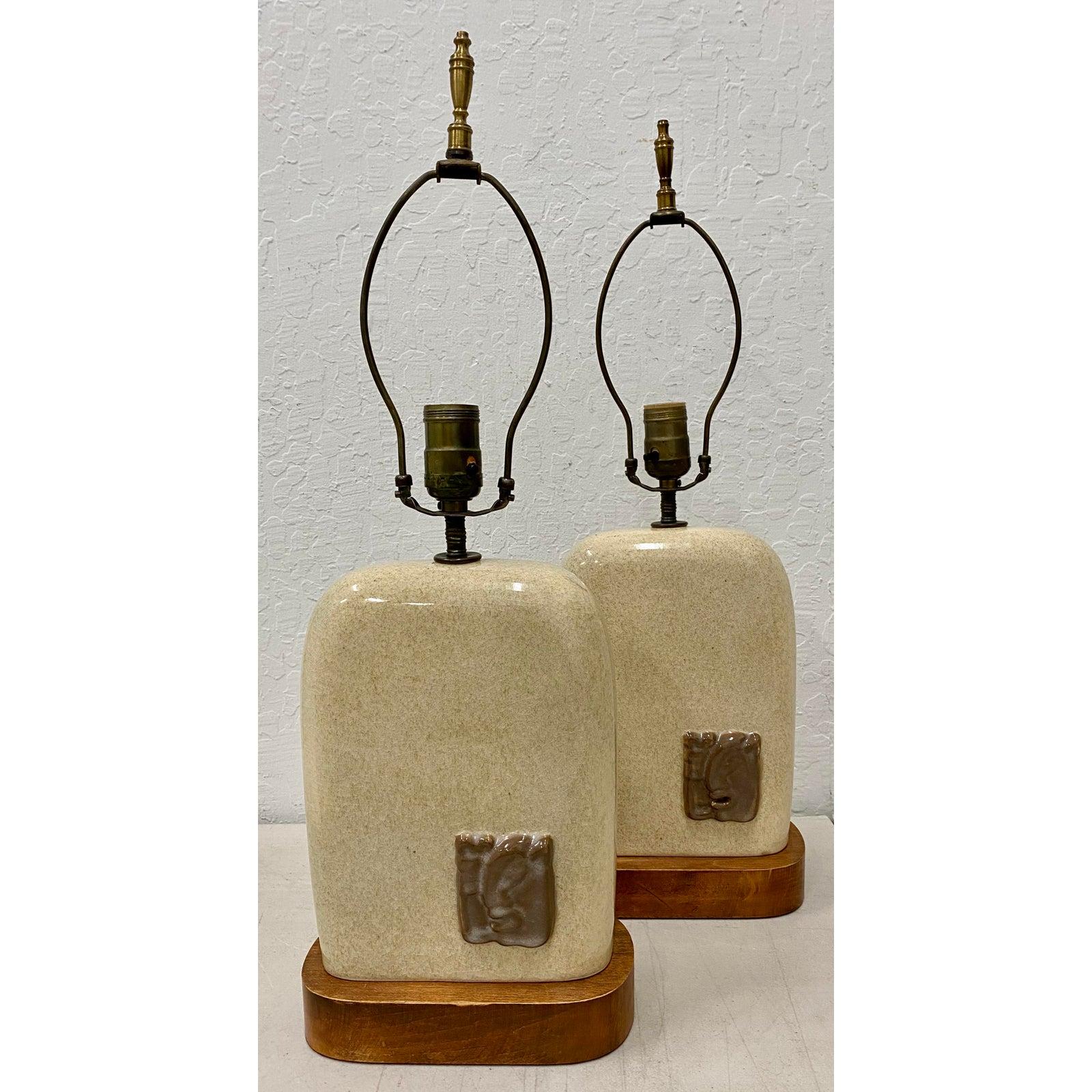 20th Century Pair of Vintage Glazed Ceramic Lamps with Mayan Inspired Ceramic Medallions