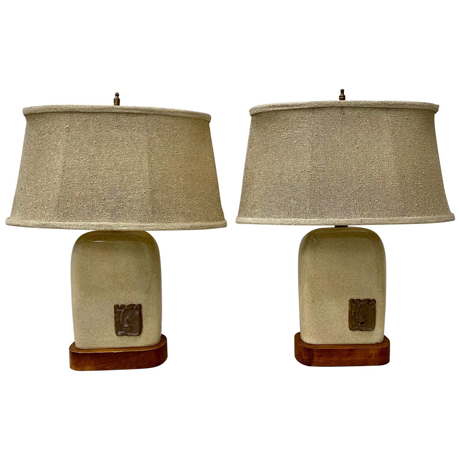 Pair of Vintage Glazed Ceramic Lamps with Mayan Inspired Ceramic Medallions