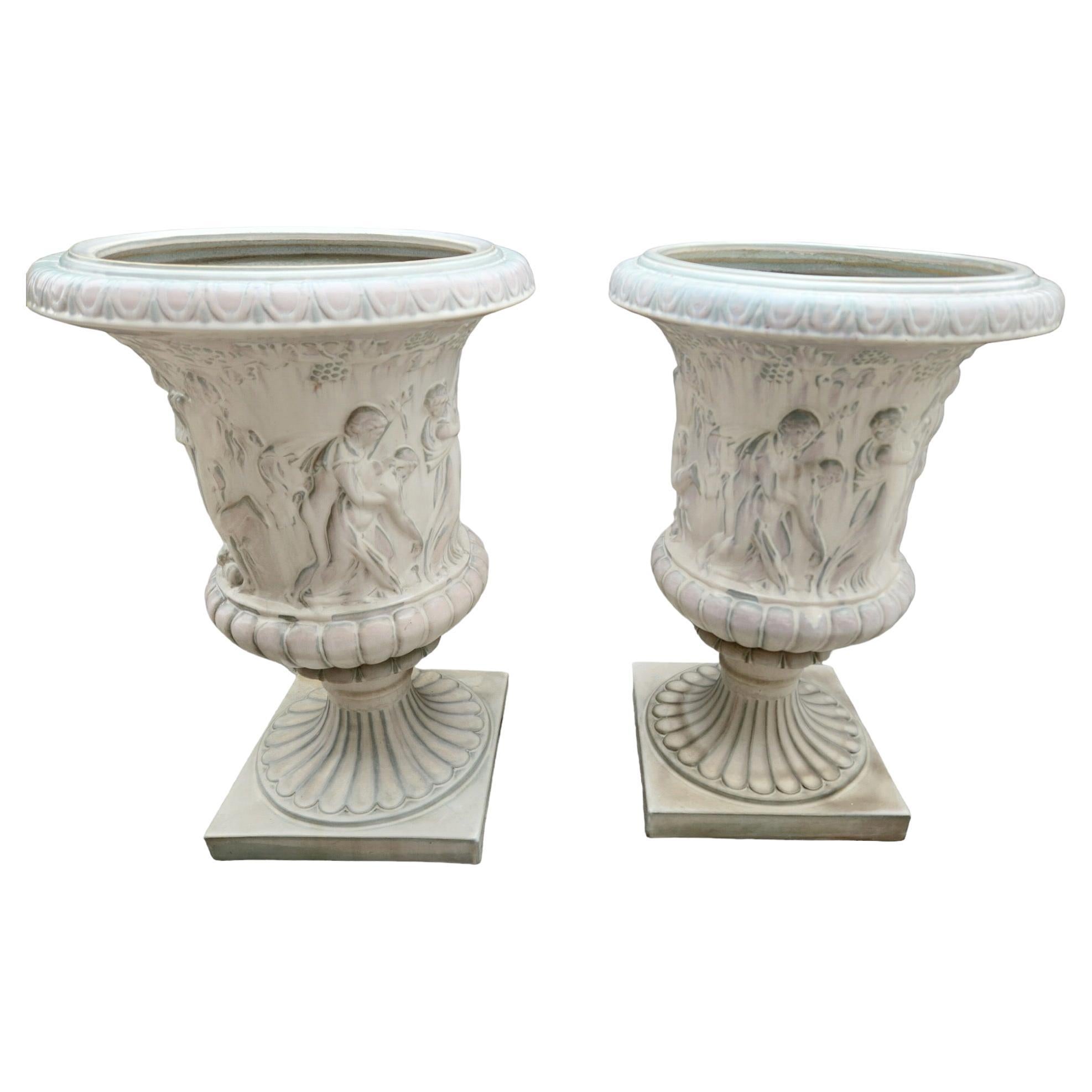 Pair of Vintage Glazed Neoclassical Planters For Sale