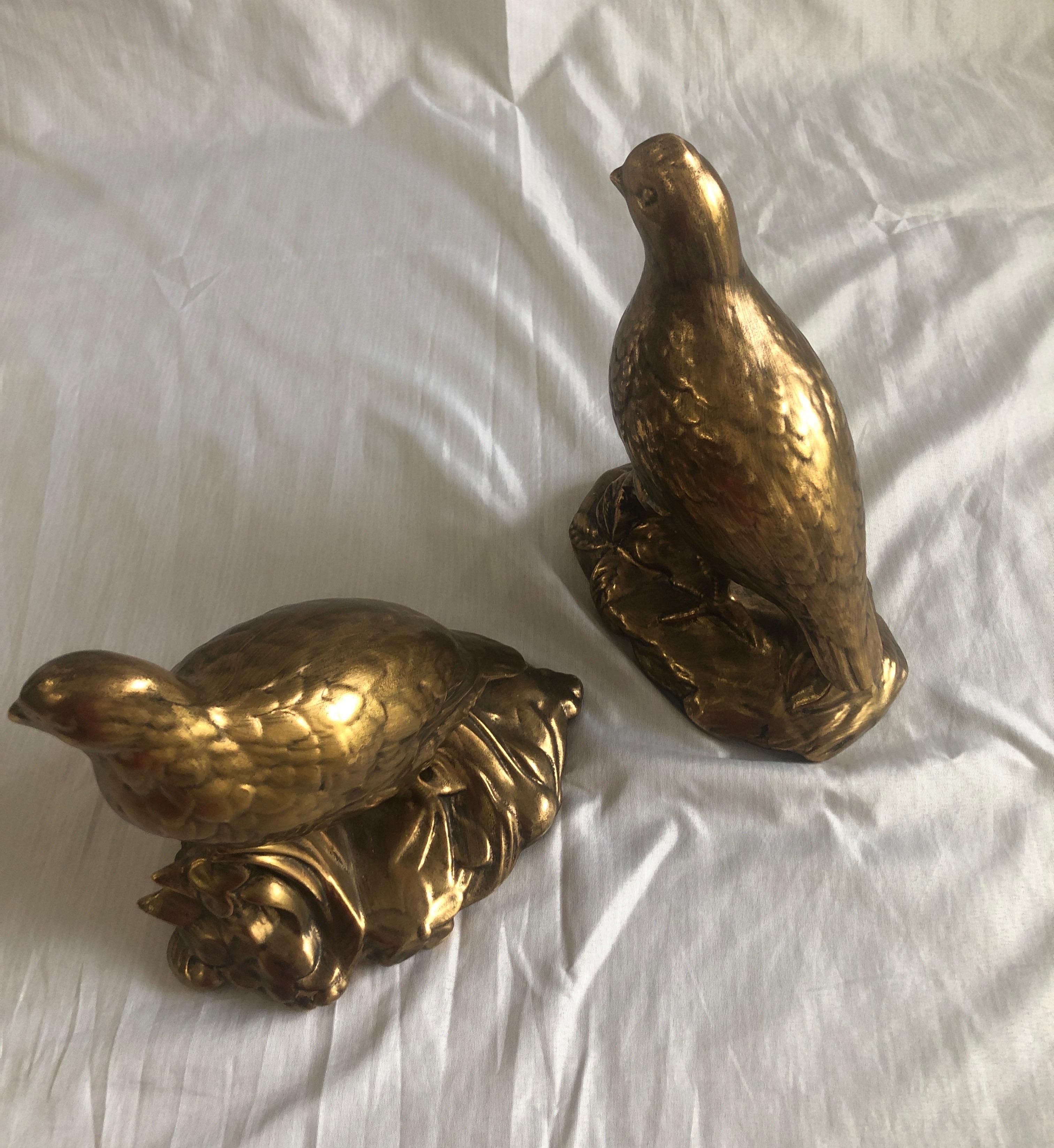 Pair of Vintage Gold Ceramic Decorative Birds In Good Condition In Oakland Park, FL