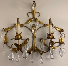 Pair of Maison Bagues Style Sconces Vintage Gold & Crystal, French MCM Sconces