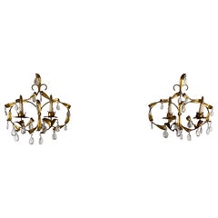 Paire d'appliques vintage en or et cristal de style Maison Bagues, appliques françaises MCM