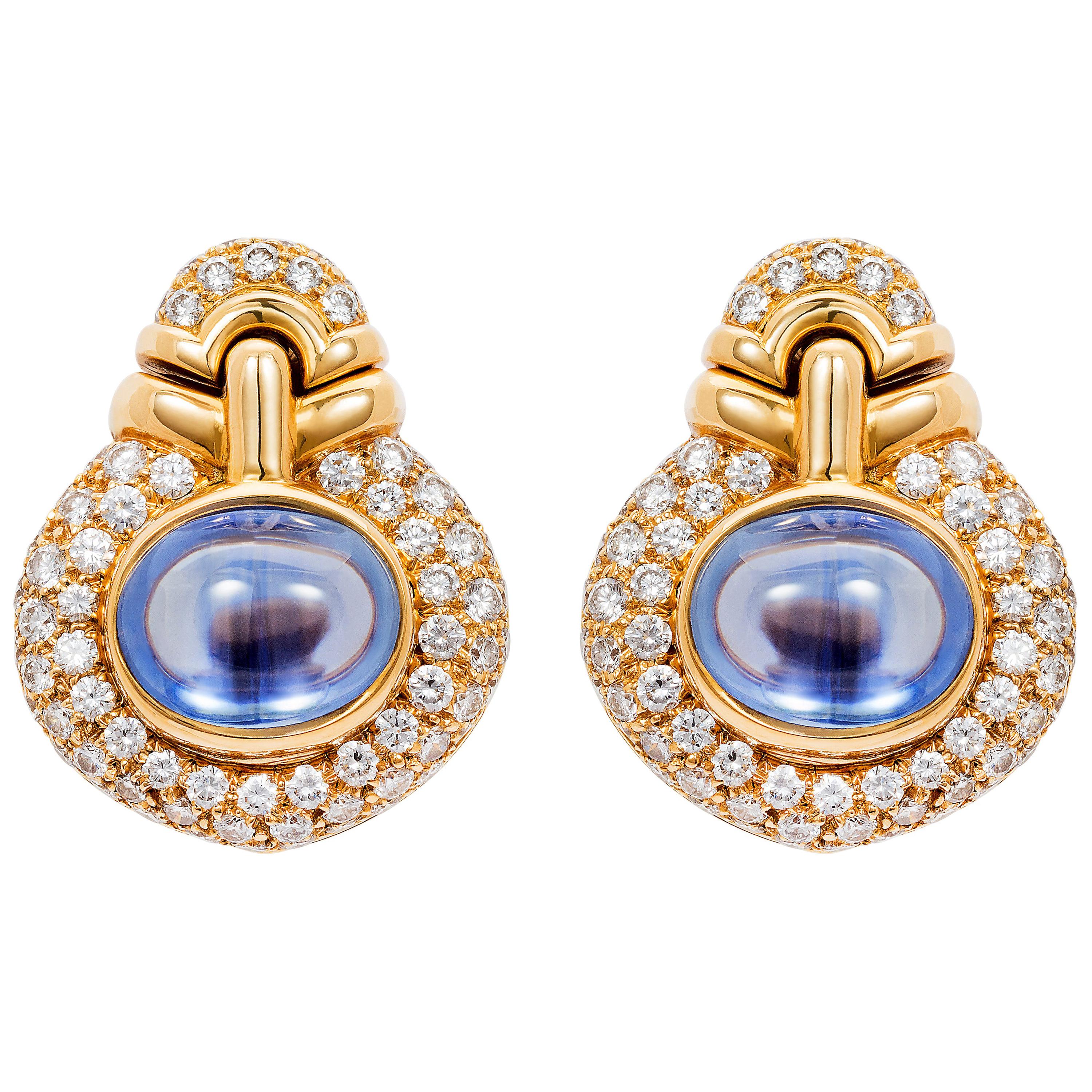 Pair of Vintage Gold, Diamond and Cabochon Sapphire Ear Clips by Bulgari