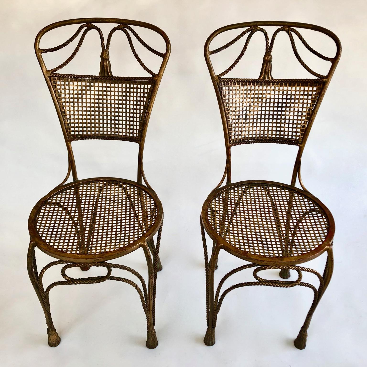 Italian Pair of Vintage Gold Gilt Metal Rope and Tassel Hollywood Regency Chairs, 1950s