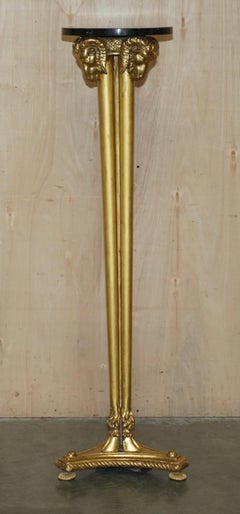 PAIR OF VINTAGE GOLD GILT RAMS HEAD & HOOF TALL TORCHIERE JARDINIERE STANDs