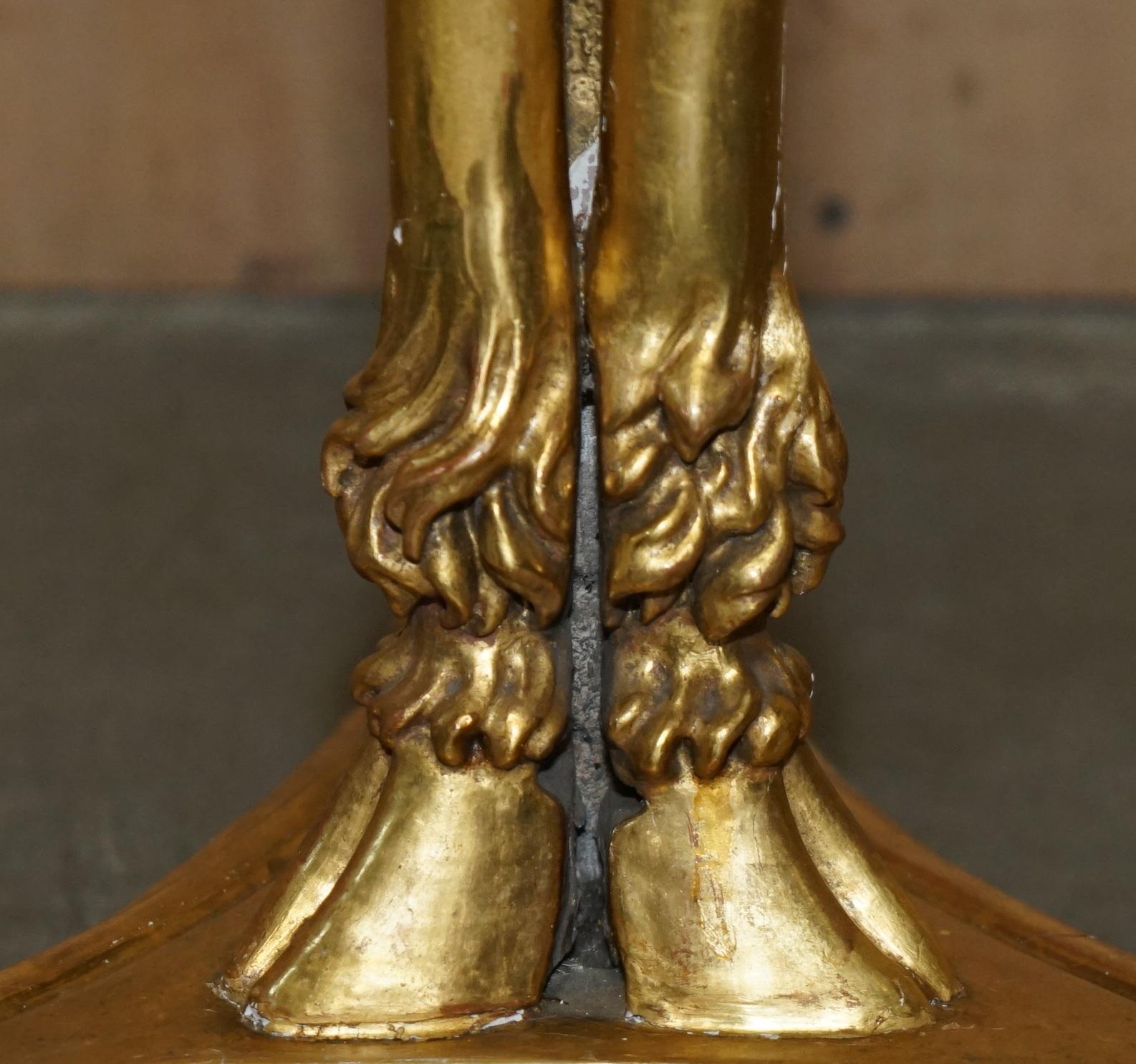 PAIR OF VINTAGE GOLD GILT RAMS HEAD & HOOF TALL TORCHIERE JARDINIERE STANDs For Sale 1