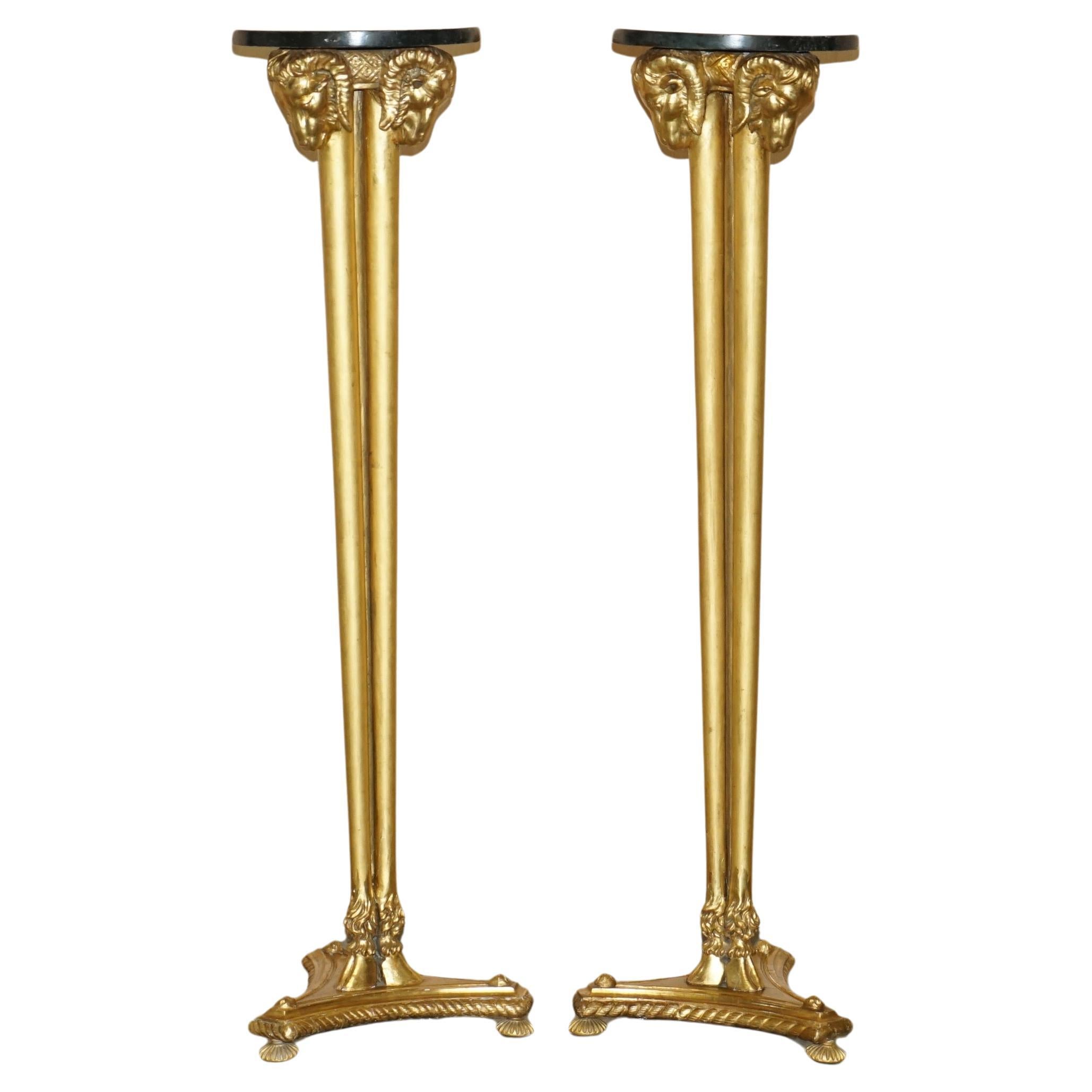 PAIR OF VINTAGE GOLD GILT RAMS HEAD & HOOF TALL TORCHIERE JARDINIERE STANDs