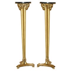 PAIR OF Antique GOLD GILT RAMS HEAD & HOOF TALL TORCHIERE JARDINIERE STANDs