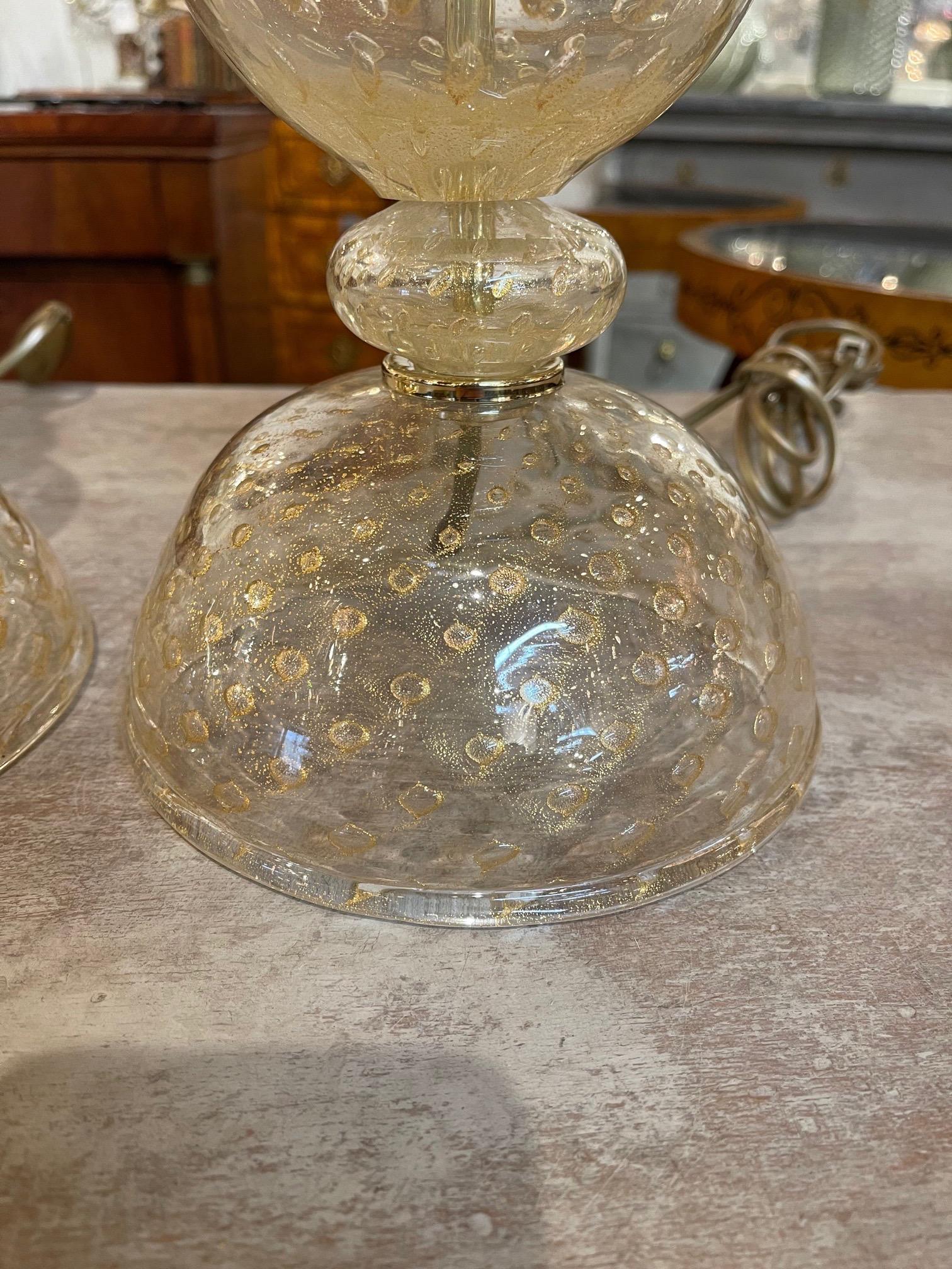 Italian Pair of Vintage Gold Murano Glass Graduated Ball Lamps For Sale