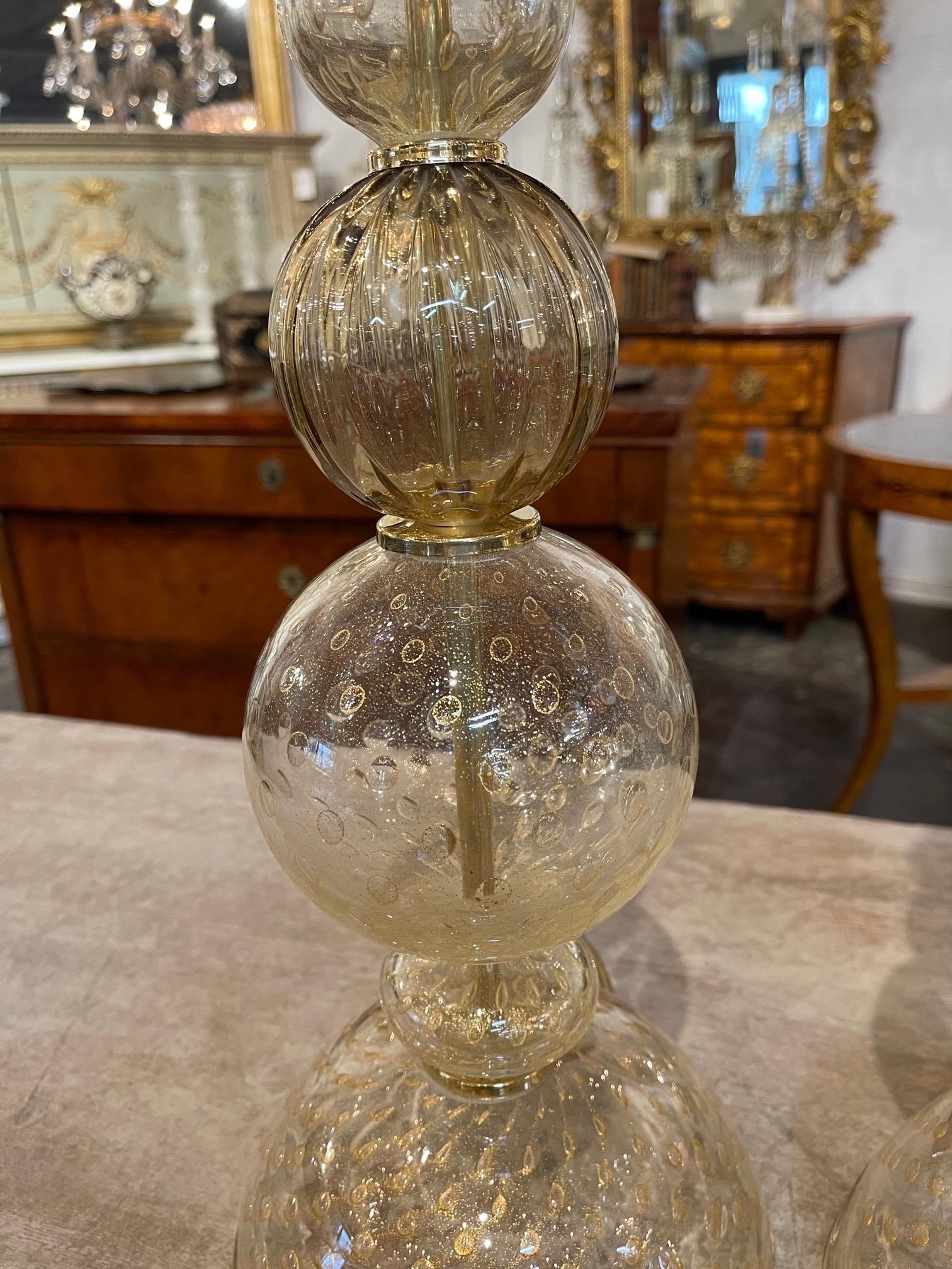 Pair of Vintage Gold Murano Glass Graduated Ball Lamps In Good Condition For Sale In Dallas, TX
