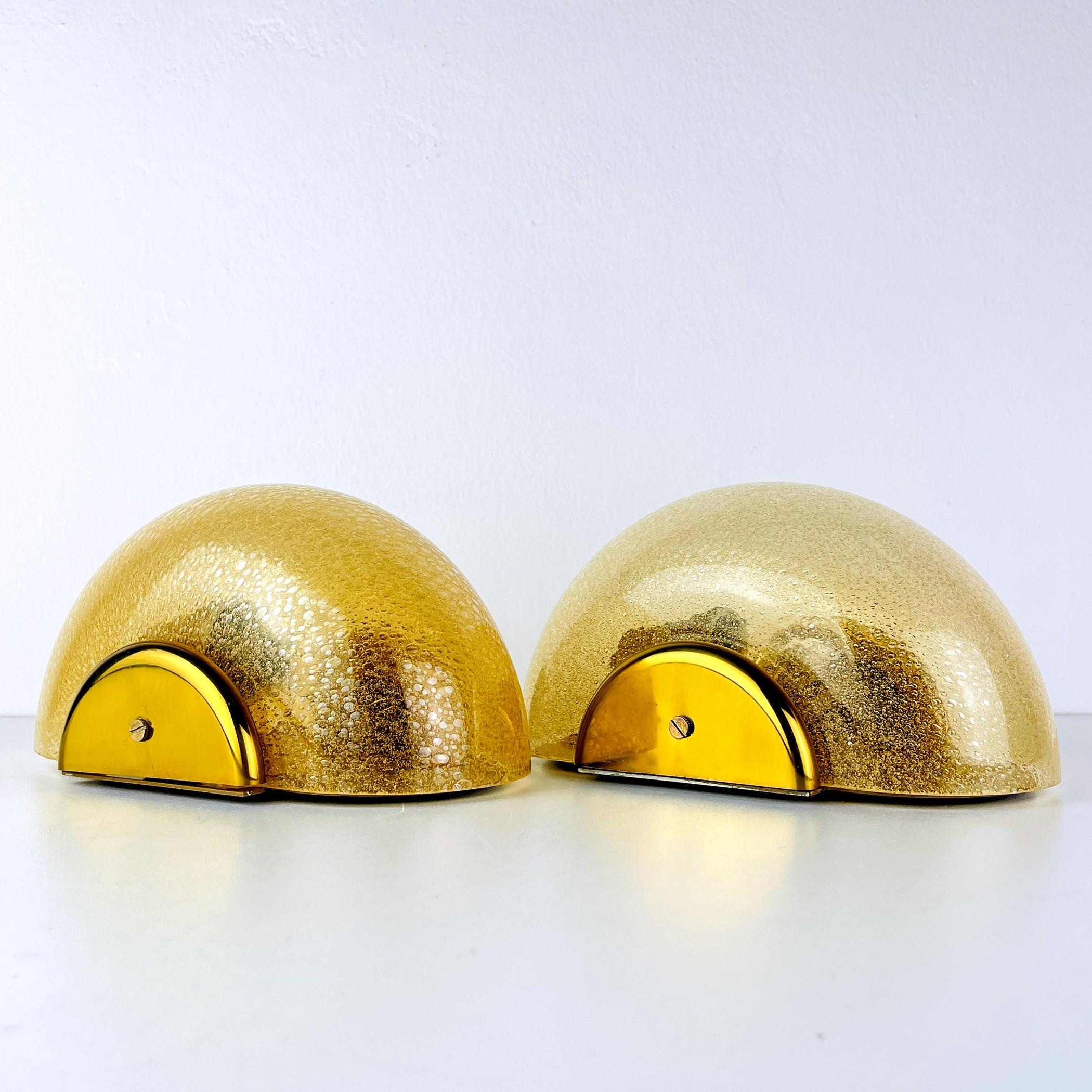 Italian Pair of Vintage Gold Murano Sconces, F.Fabbian Italy, 1970s MCM Wall Lamps 
