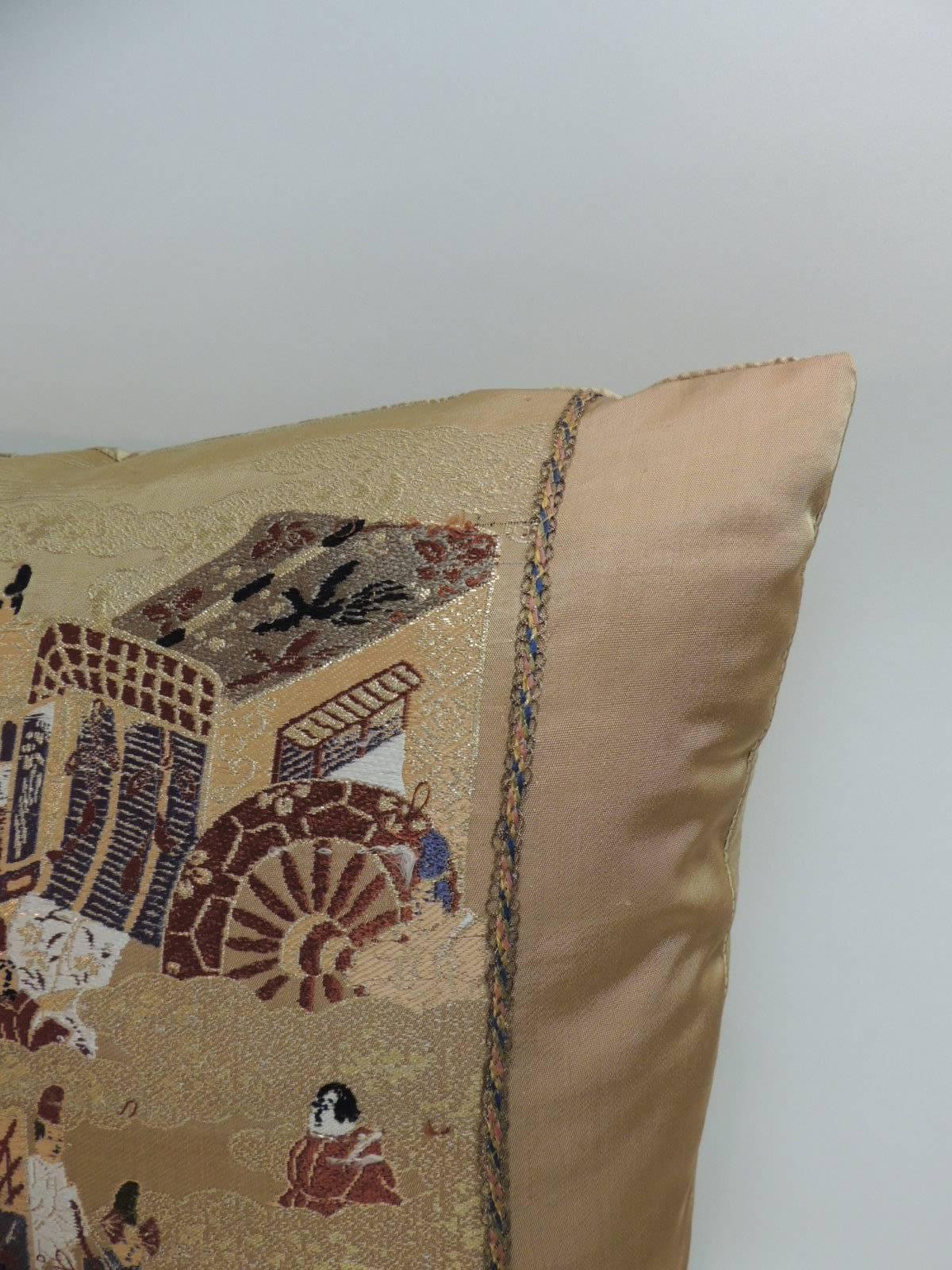 Woven Obi front panel centre depicting a pastoral scene with silk and metallic threads embroidered onto a silk backing and framed with the same Obi textile in gold. Decorative pillows embellished with a small woven trim with metallic threads in