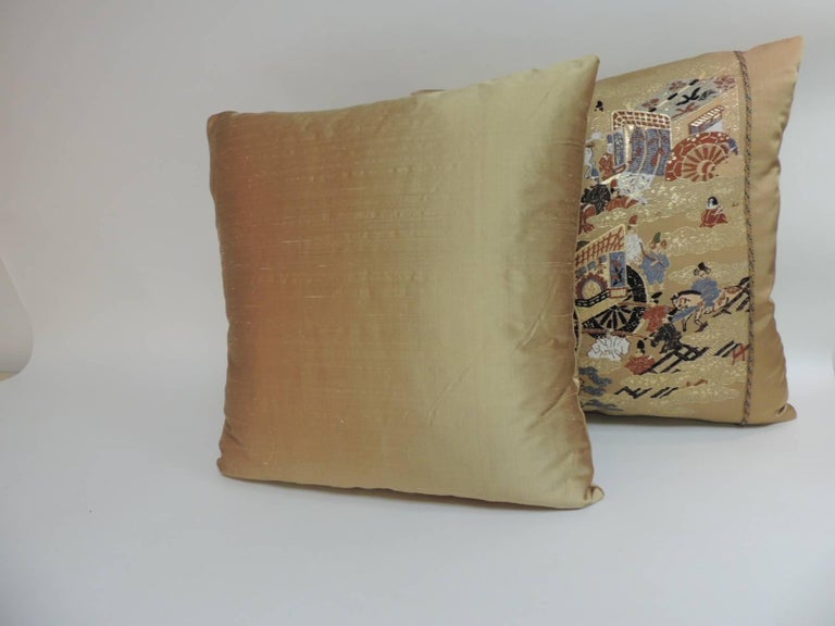 Pair of Vintage Gold Obi Woven Square Decorative Pillows at 1stDibs