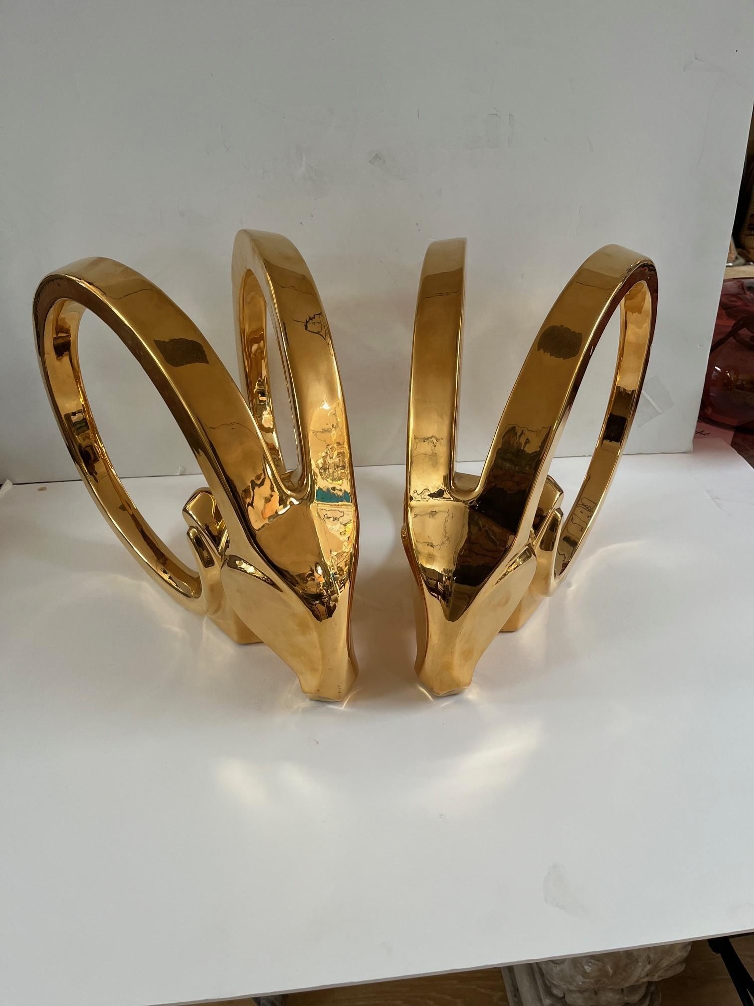 Pair of Vintage Large Solid 18KT Gold Plated Ceramic Rams Head Sculptures, Bookends by Jaru, Hollywood Regency Style