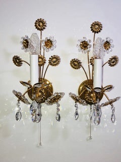 Pair of Vintage Gold-Plated "Palwa" Crystal Flower Sconces