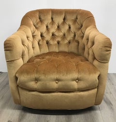 Pair of Vintage Gold Tufted Velvet Barrel Chairs on Casters, Mid-Century Modern