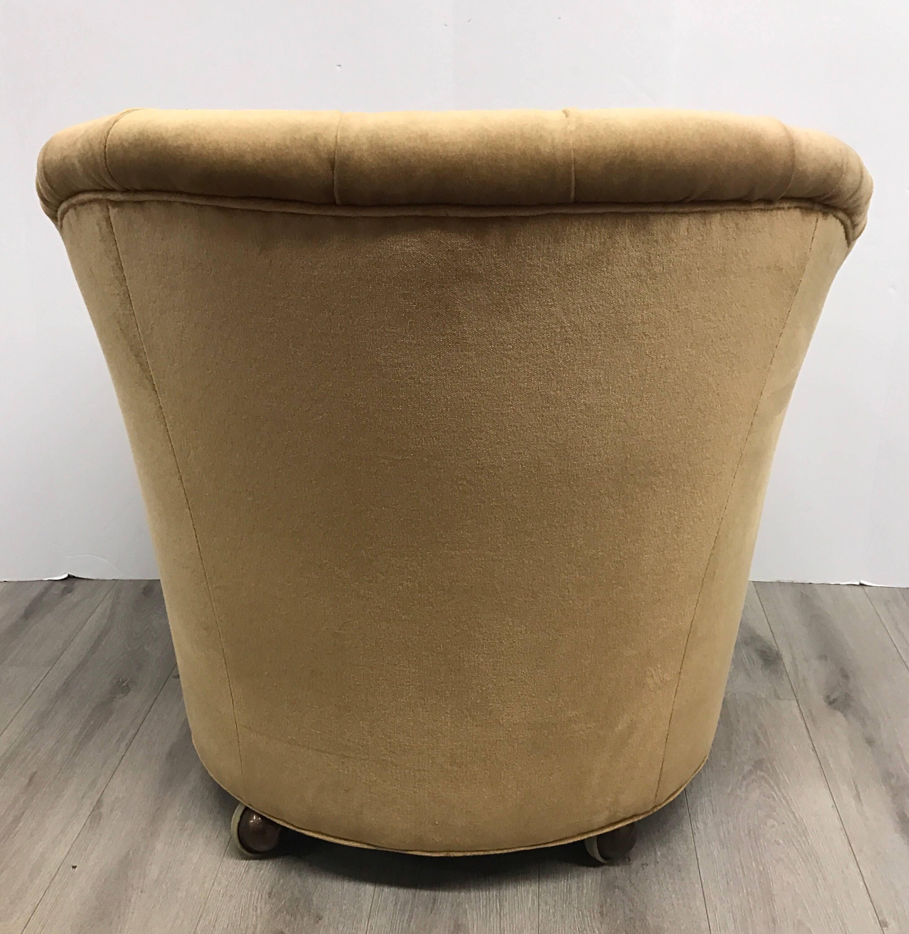 American Pair of Vintage Gold Tufted Velvet Barrel Chairs on Casters, Mid-Century Modern