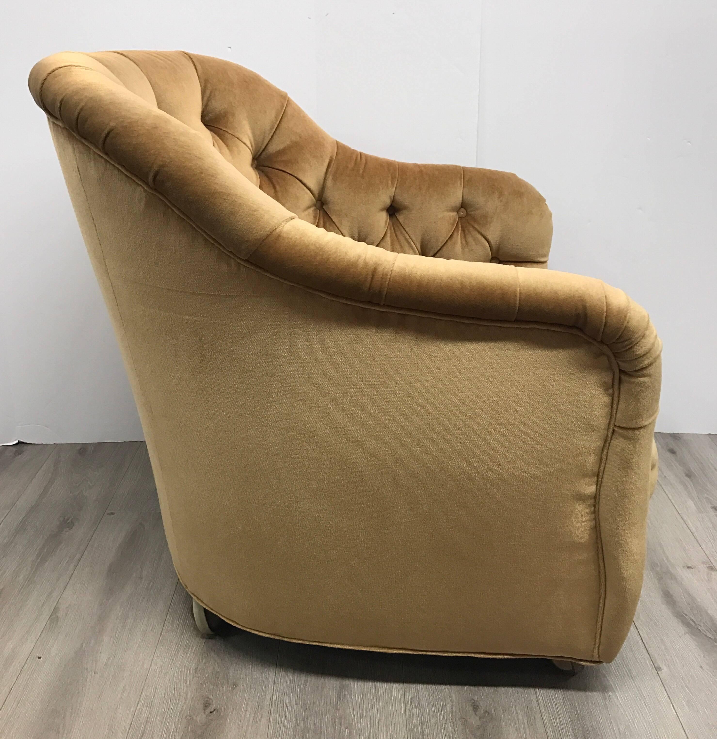 Late 20th Century Pair of Vintage Gold Tufted Velvet Barrel Chairs on Casters, Mid-Century Modern