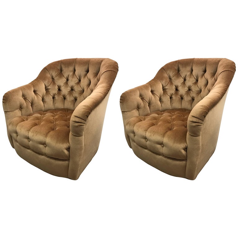 Pair of Vintage Gold Tufted Velvet Barrel Chairs on Casters, Mid