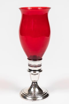 Pair of Vintage Gorham Silver Plate Candlesticks with Ruby Red Glass Hurricanes