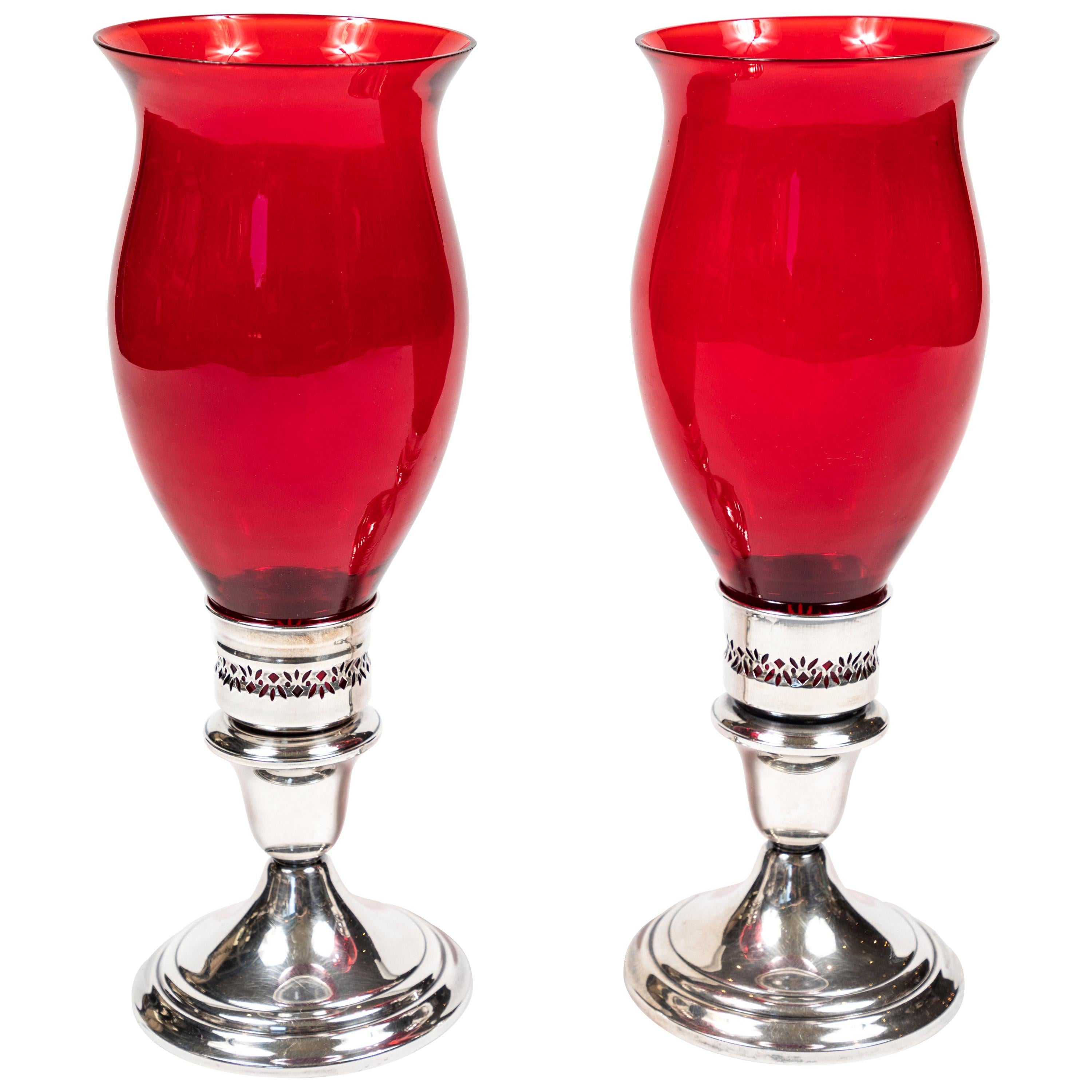 Pair of Vintage Gorham Silver Plate Candlesticks with Ruby Red Glass Hurricanes