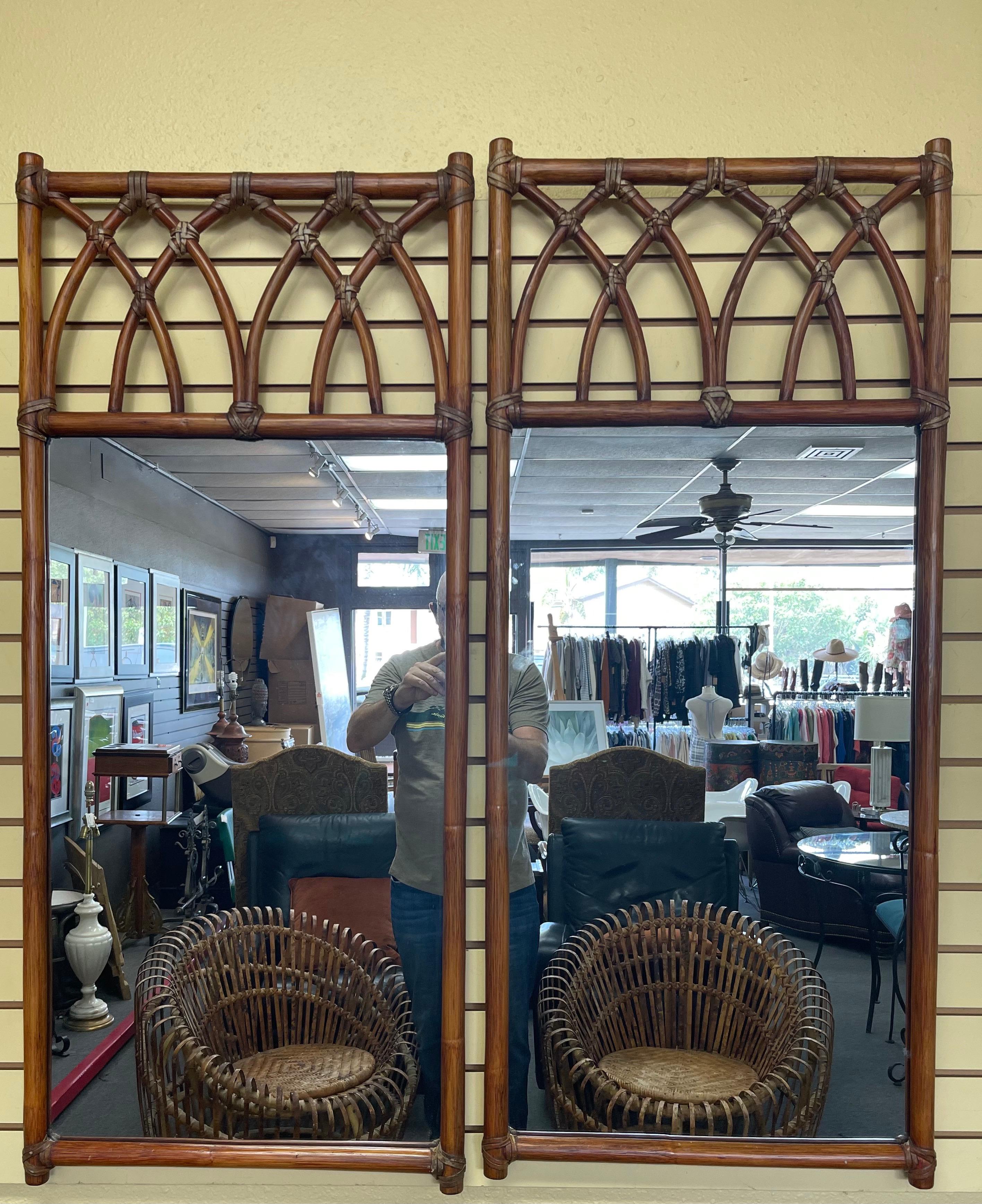 American Pair of Vintage Gothic Arch Bamboo Mirrors by McGuire For Sale