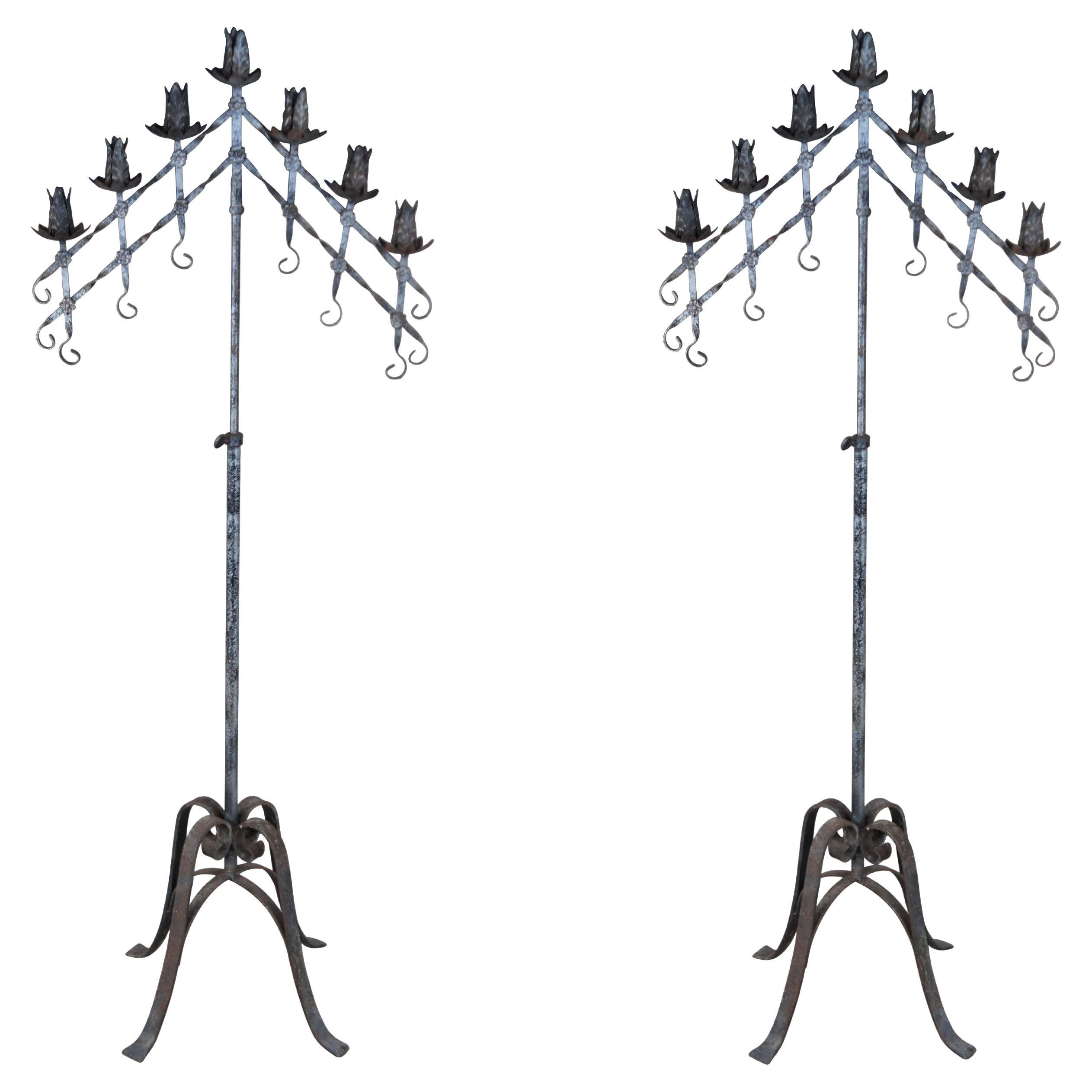Pair of Vintage Gothic Style Freestanding Adjustable Wrought Iron Candelabras