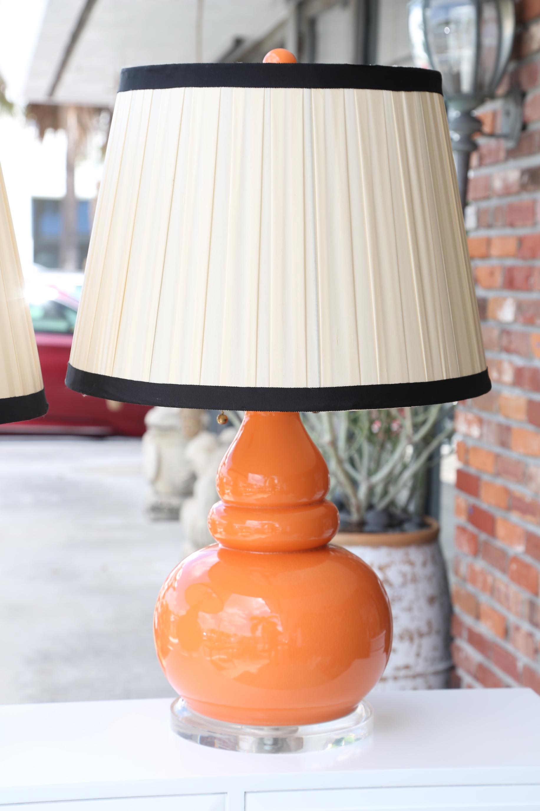 Pair of vintage double gourd lamps on Lucite bases with custom shades.
