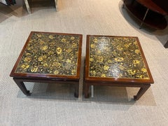 Pair of Vintage Gracie Coffee Tables, Tops with Antique Japanese Tooled Leather