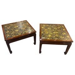 Pair of Vintage Gracie Coffee Tables, Tops with Antique Japanese Tooled Leather