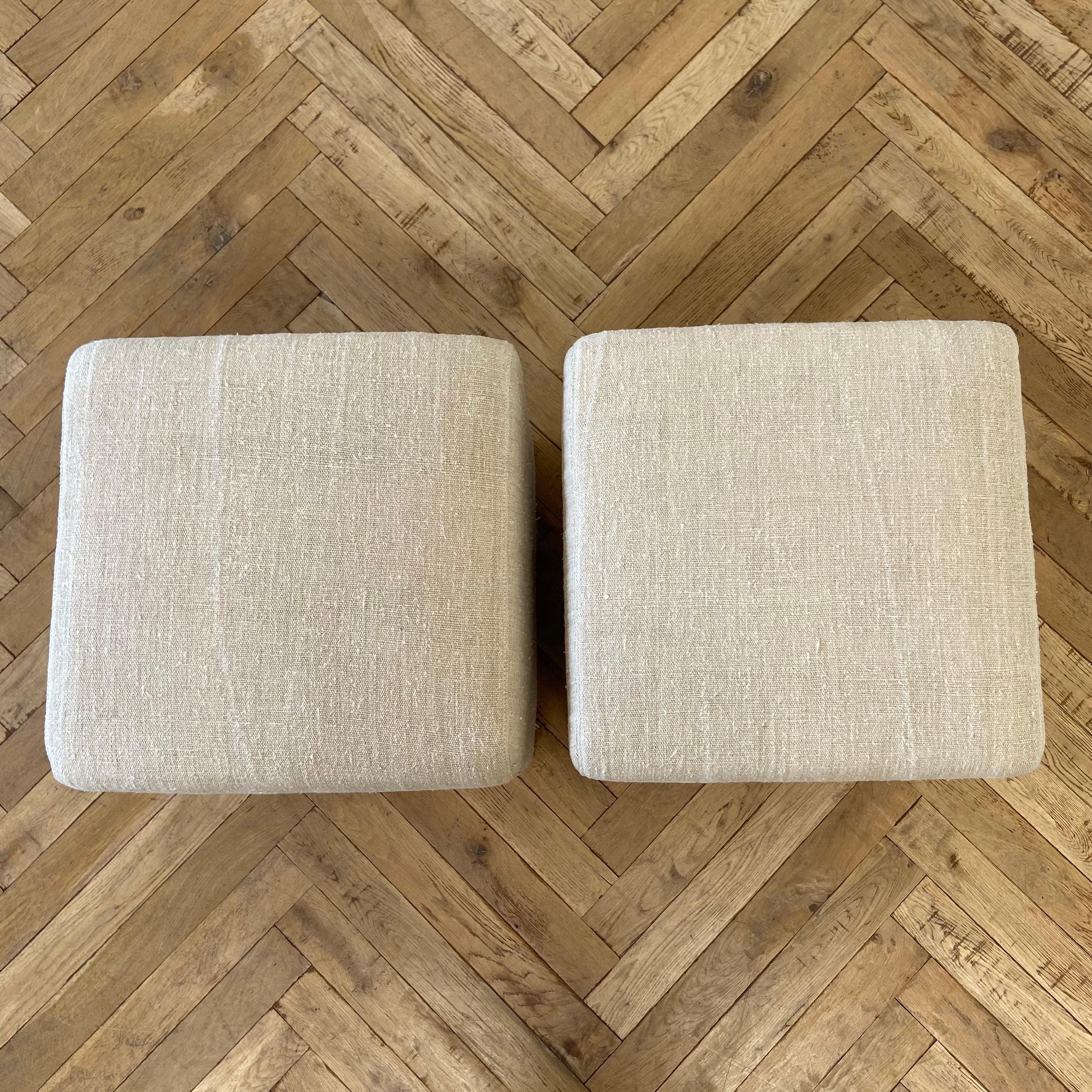 20th Century Pair of Vintage Grain Sack Upholstered Nubby Linen Cube Ottomans