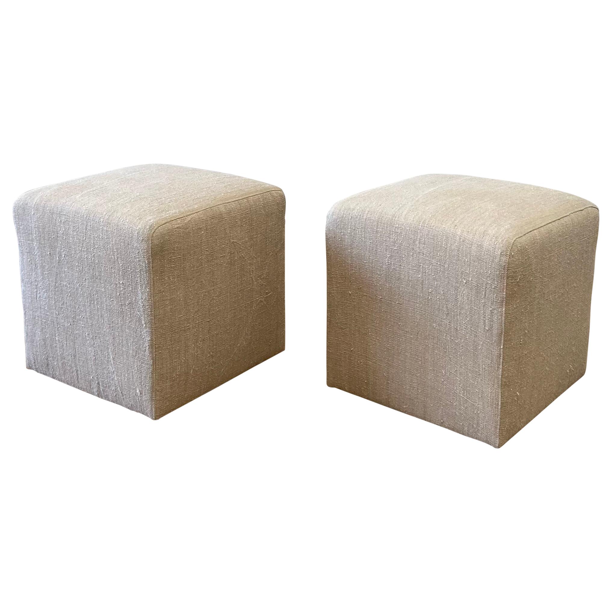Pair of Vintage Grain Sack Upholstered Nubby Linen Cube Ottomans
