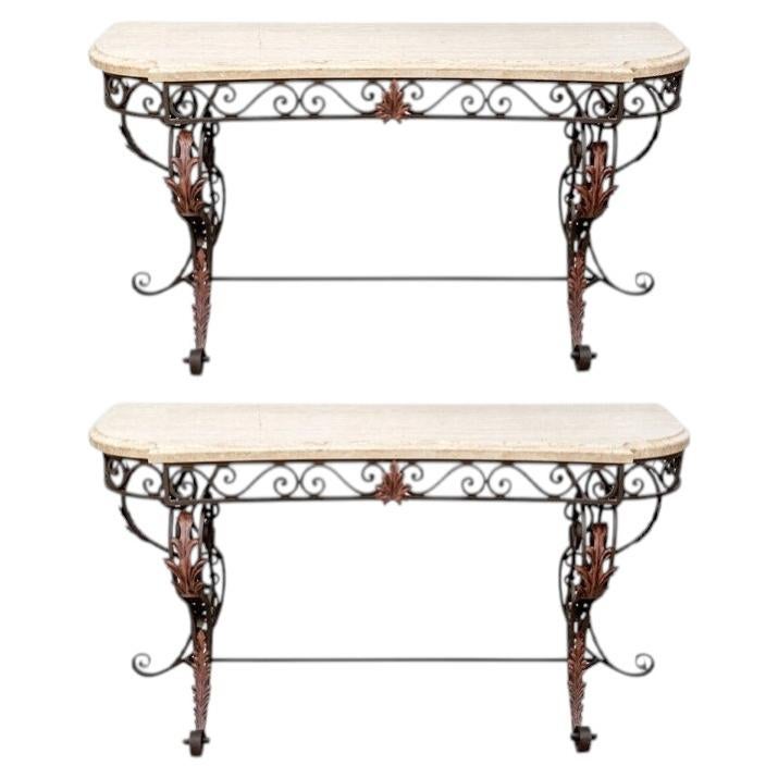 Pair Of Vintage Grand Tuscan Style Stone Top Iron Console Tables