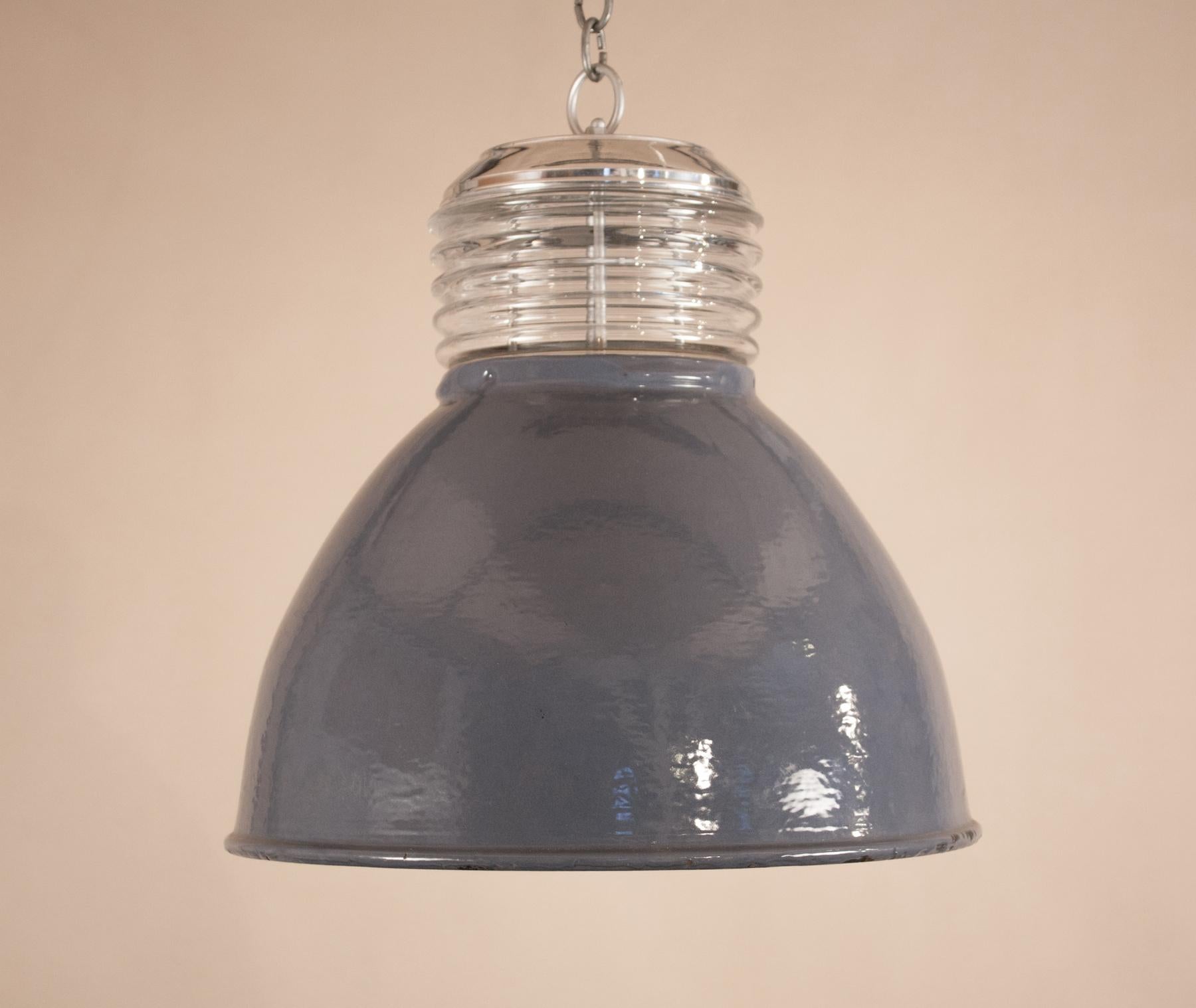 20th Century Pair of Vintage Gray Enamel and Glass Industrial Pendant Lights