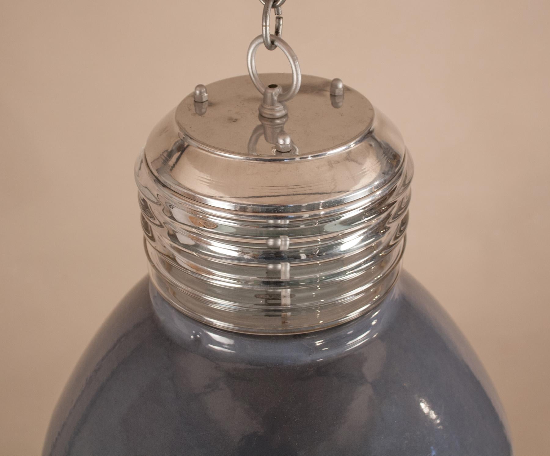 Pair of Vintage Gray Enamel and Glass Industrial Pendant Lights 3