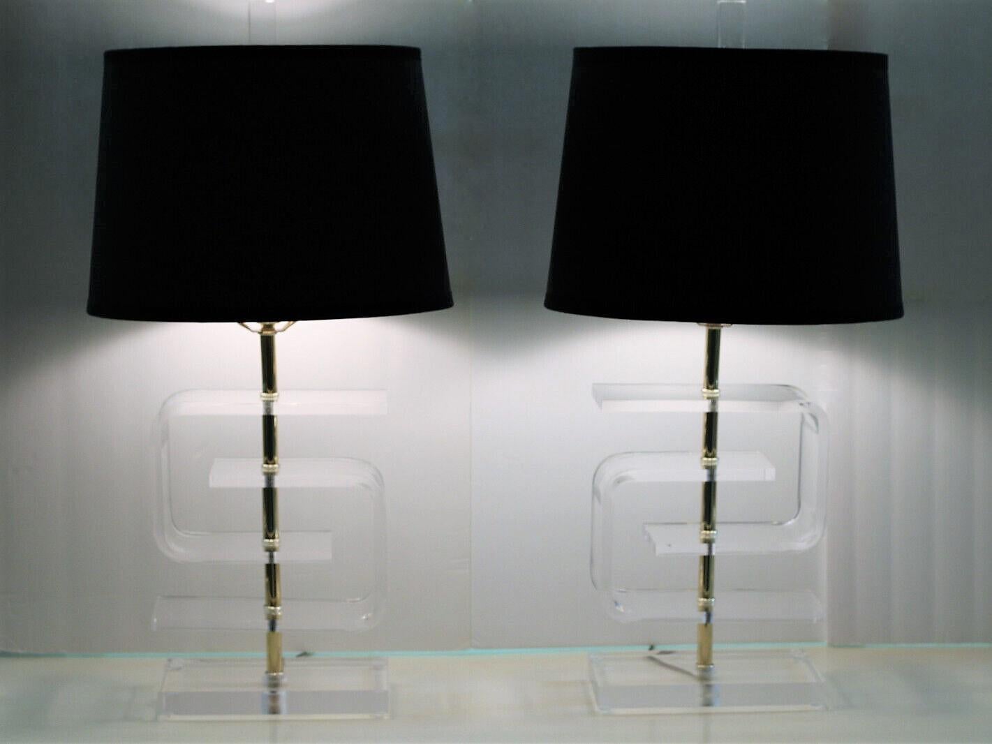 Pair of Vintage Greek Key Lucite Table Lamps in the Style of Les Prismatiques For Sale 10