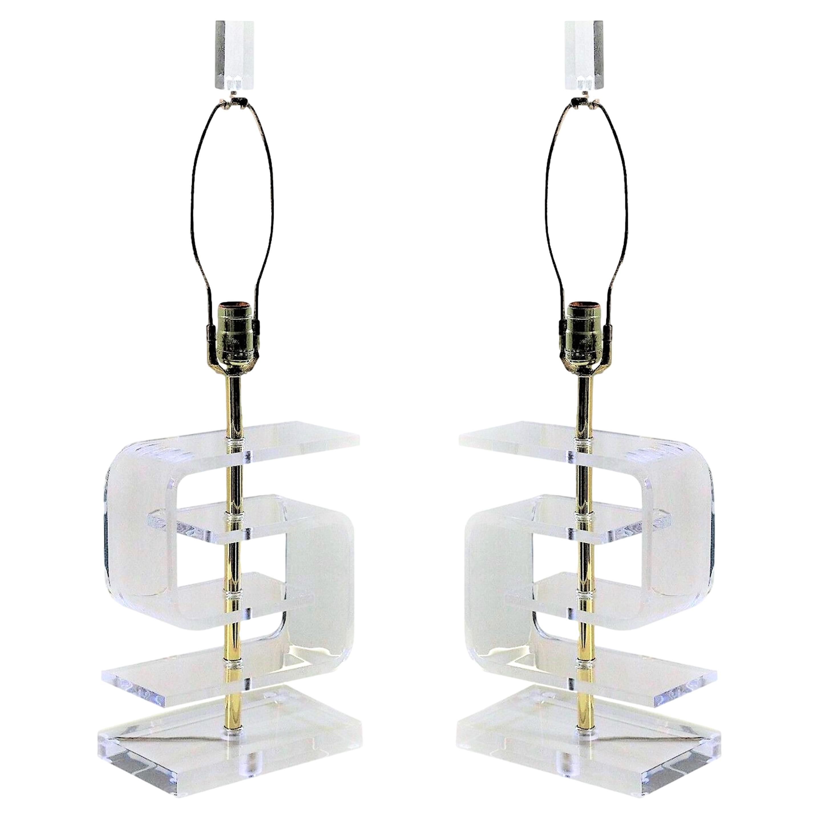 Pair of Vintage Greek Key Lucite Table Lamps in the Style of Les Prismatiques For Sale