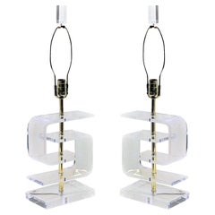 Pair of Vintage Greek Key Lucite Table Lamps in the Style of Les Prismatiques
