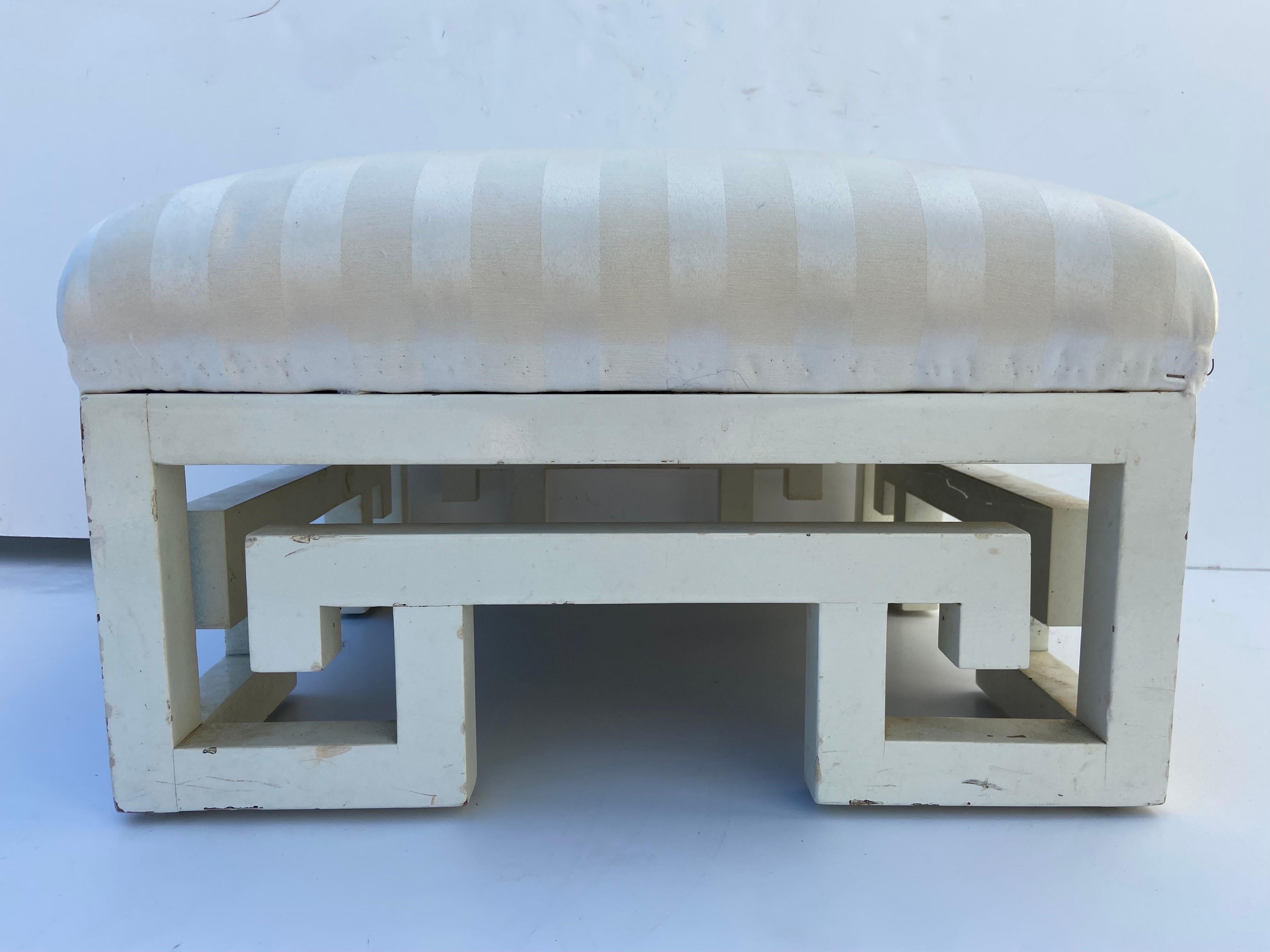 Pair of Vintage Greek Key White Lacquer Painted Ottomans, Late 20th Century 3