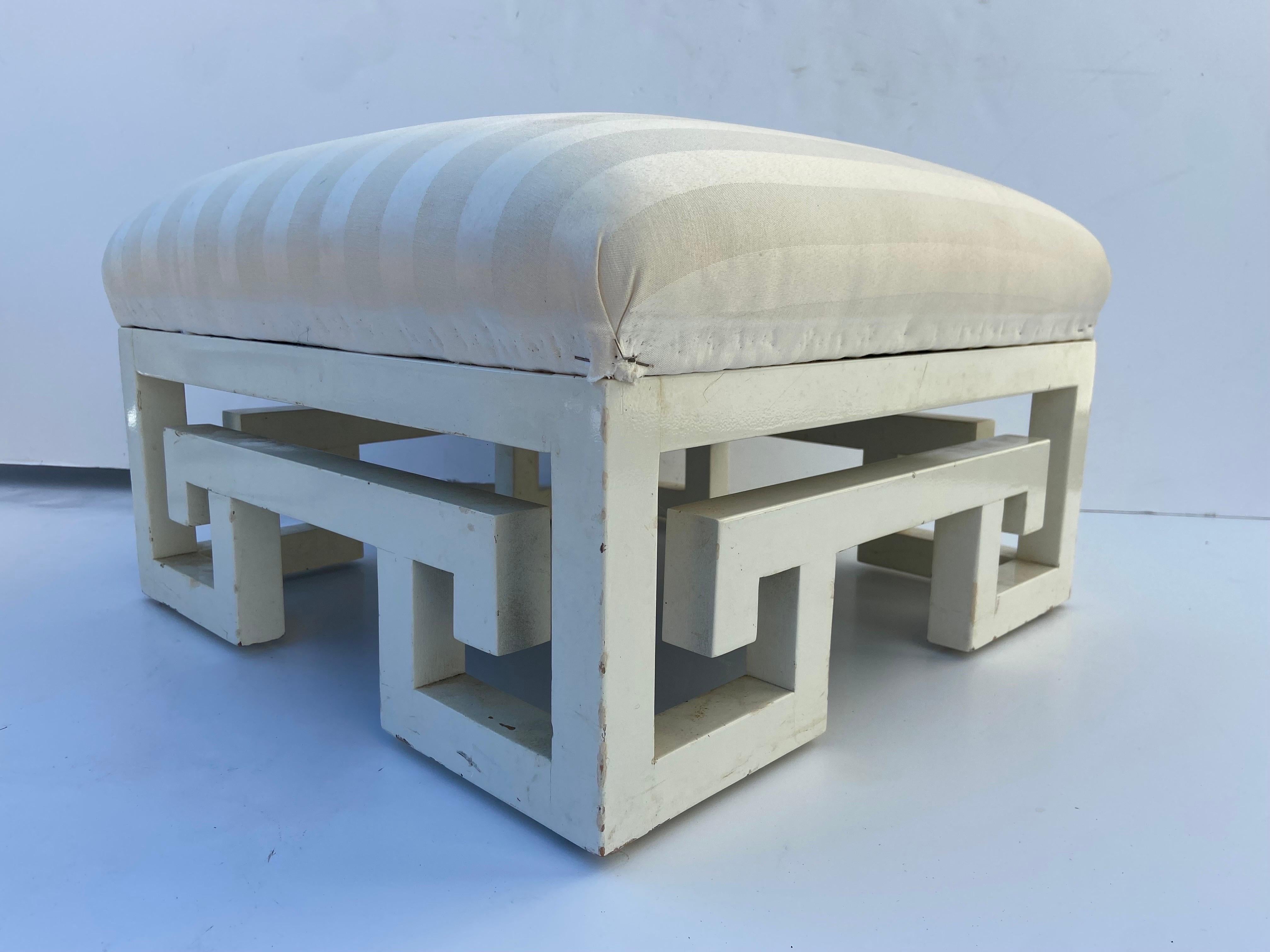 Pair of Vintage Greek Key White Lacquer Painted Ottomans, Late 20th Century 4