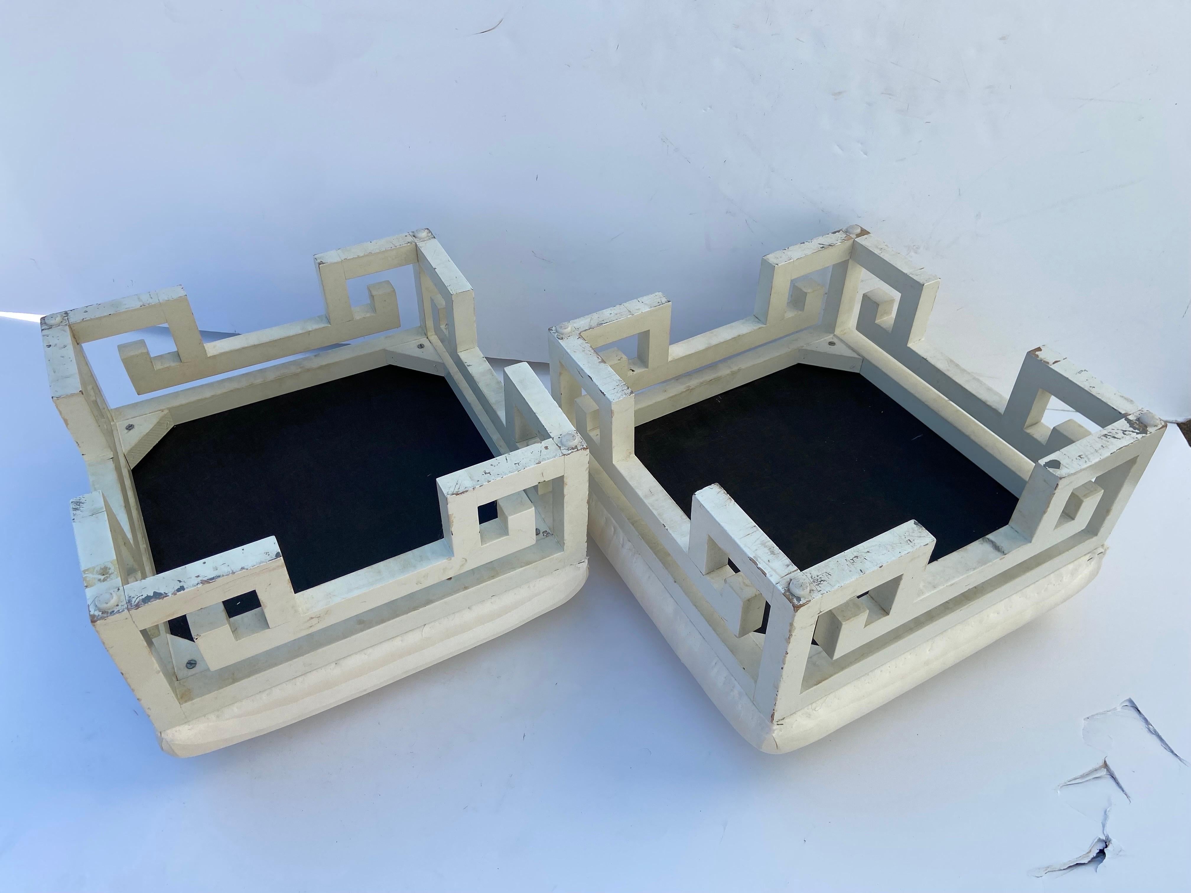 Pair of Vintage Greek Key White Lacquer Painted Ottomans, Late 20th Century 5