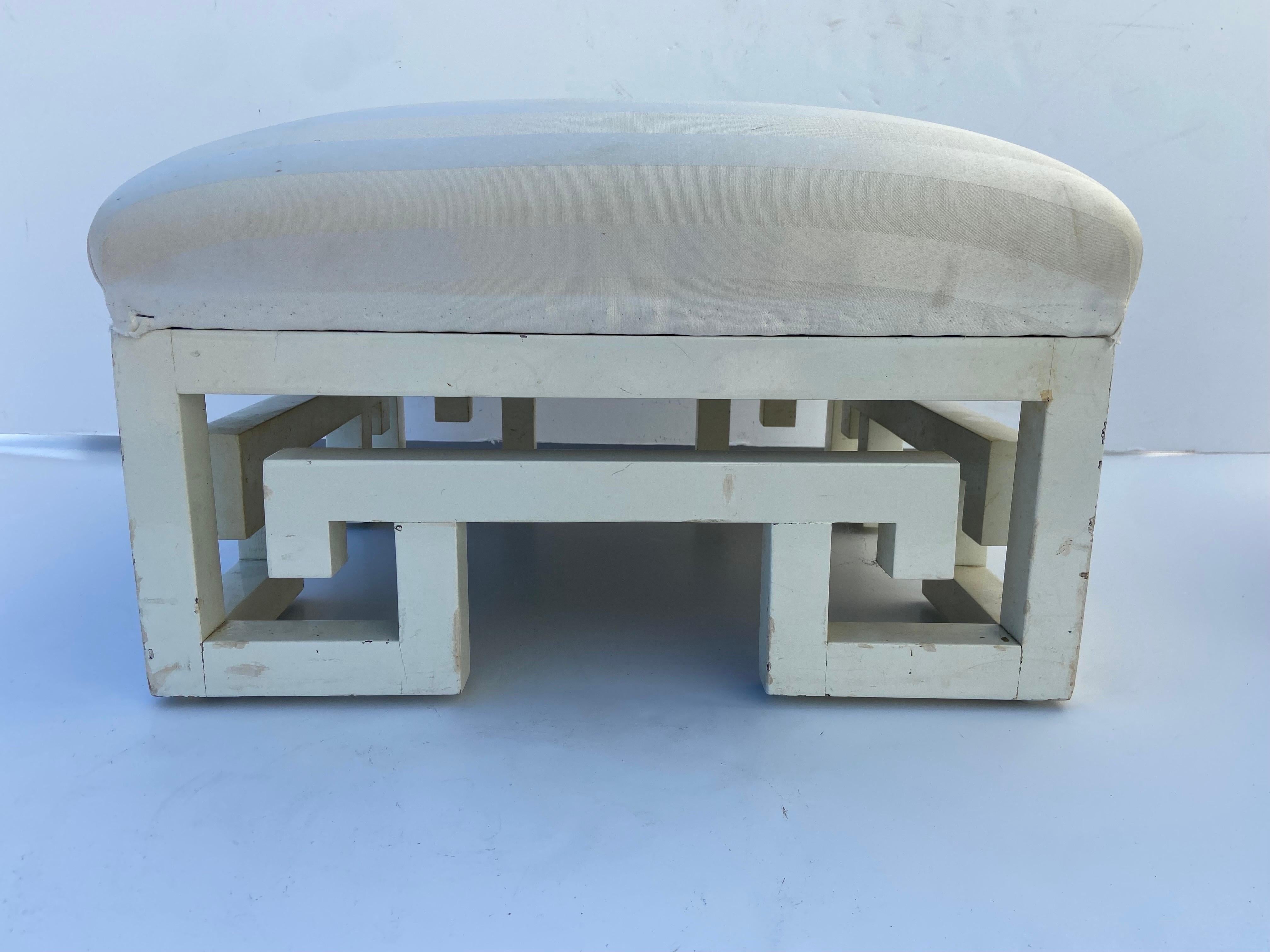 Greek Revival Pair of Vintage Greek Key White Lacquer Painted Ottomans, Late 20th Century