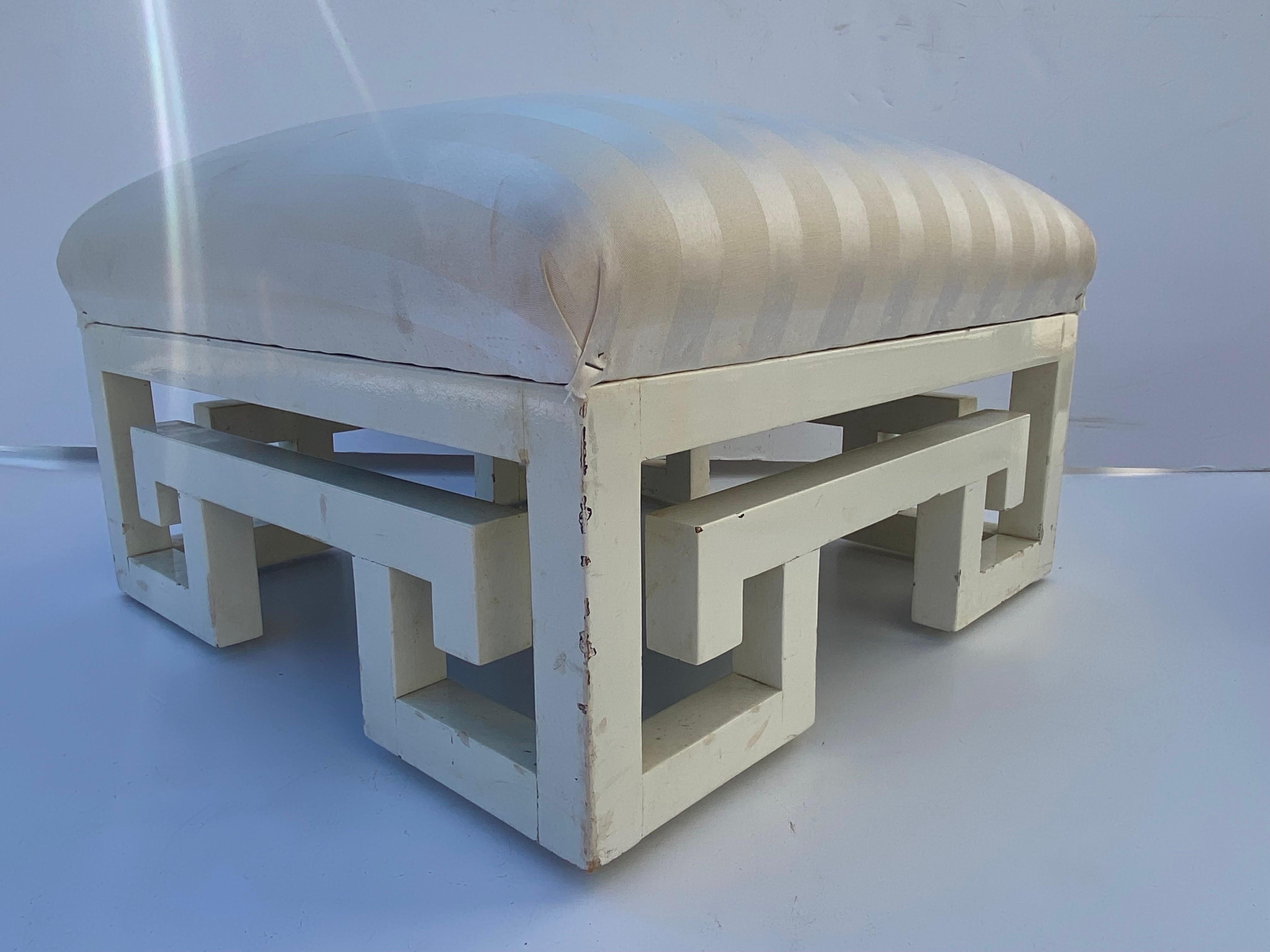 American Pair of Vintage Greek Key White Lacquer Painted Ottomans, Late 20th Century