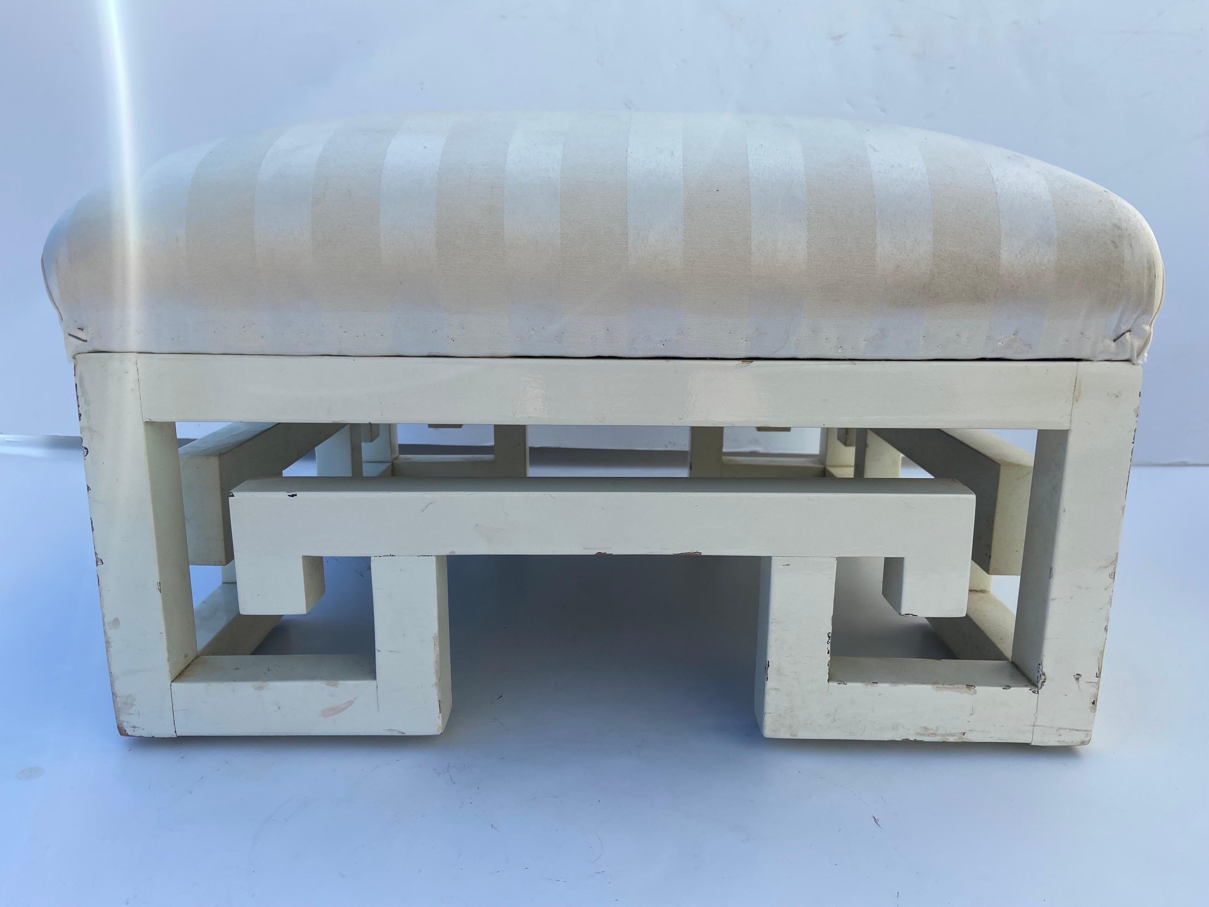 Lacquered Pair of Vintage Greek Key White Lacquer Painted Ottomans, Late 20th Century