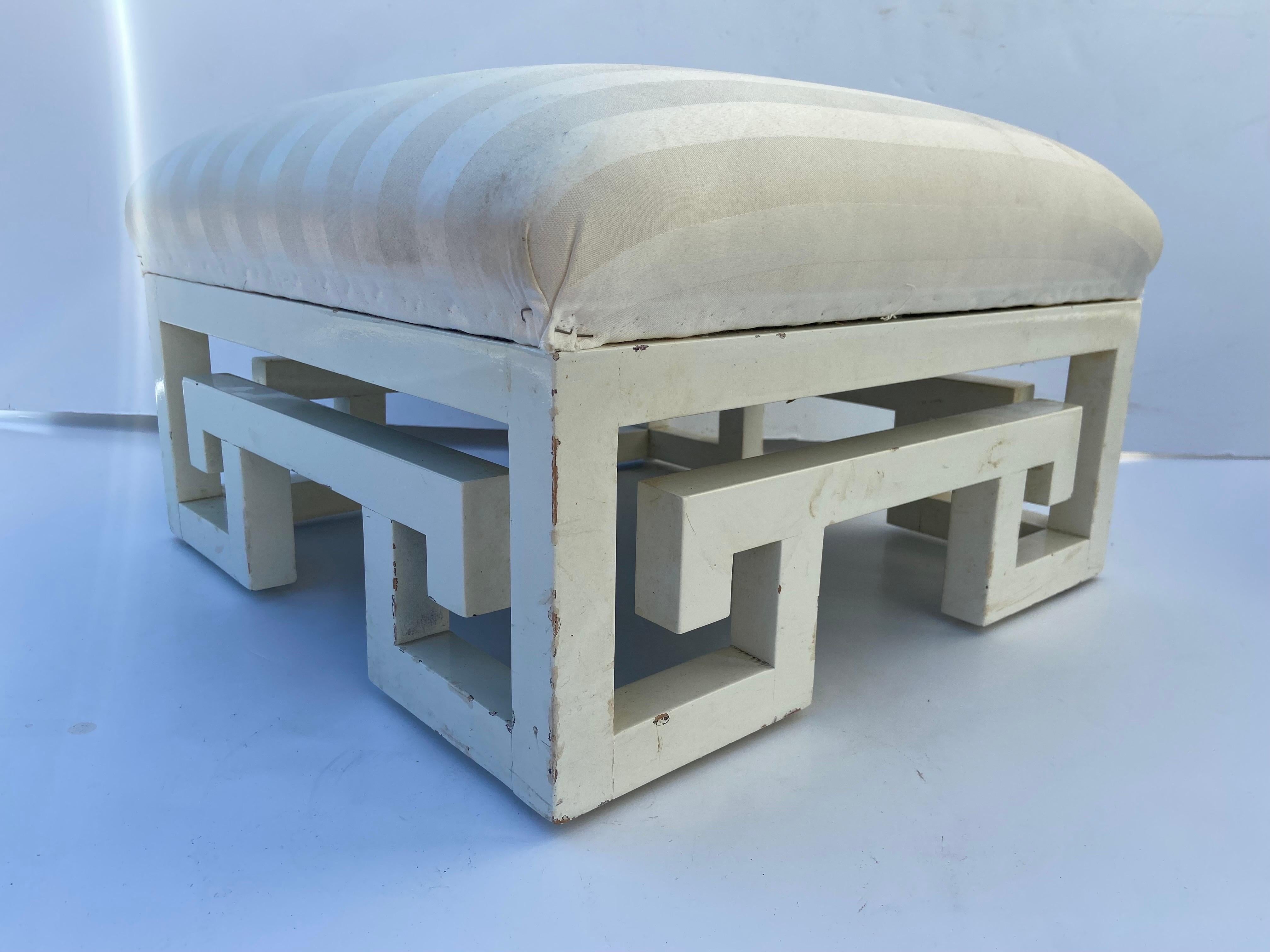 Pair of Vintage Greek Key White Lacquer Painted Ottomans, Late 20th Century In Good Condition In Atlanta, GA