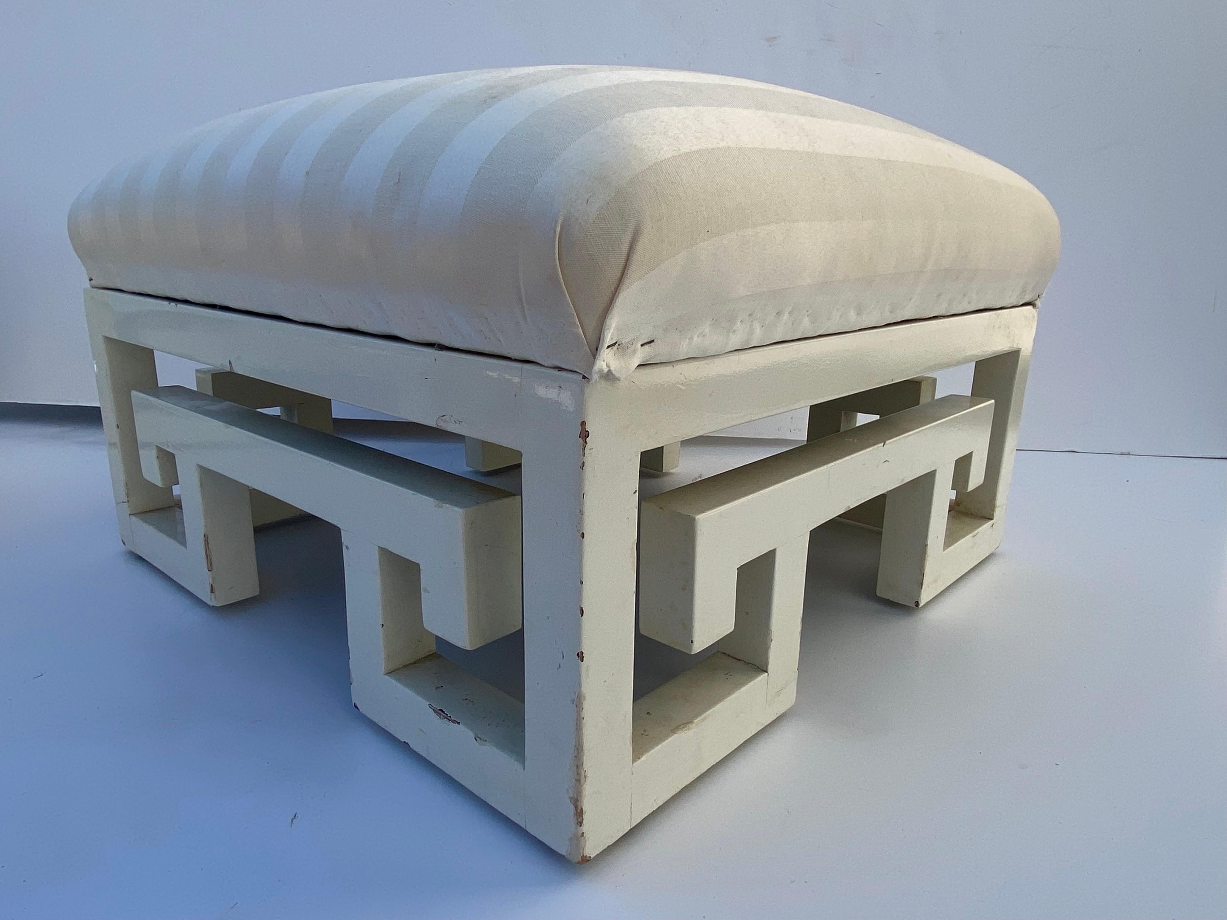 Fabric Pair of Vintage Greek Key White Lacquer Painted Ottomans, Late 20th Century