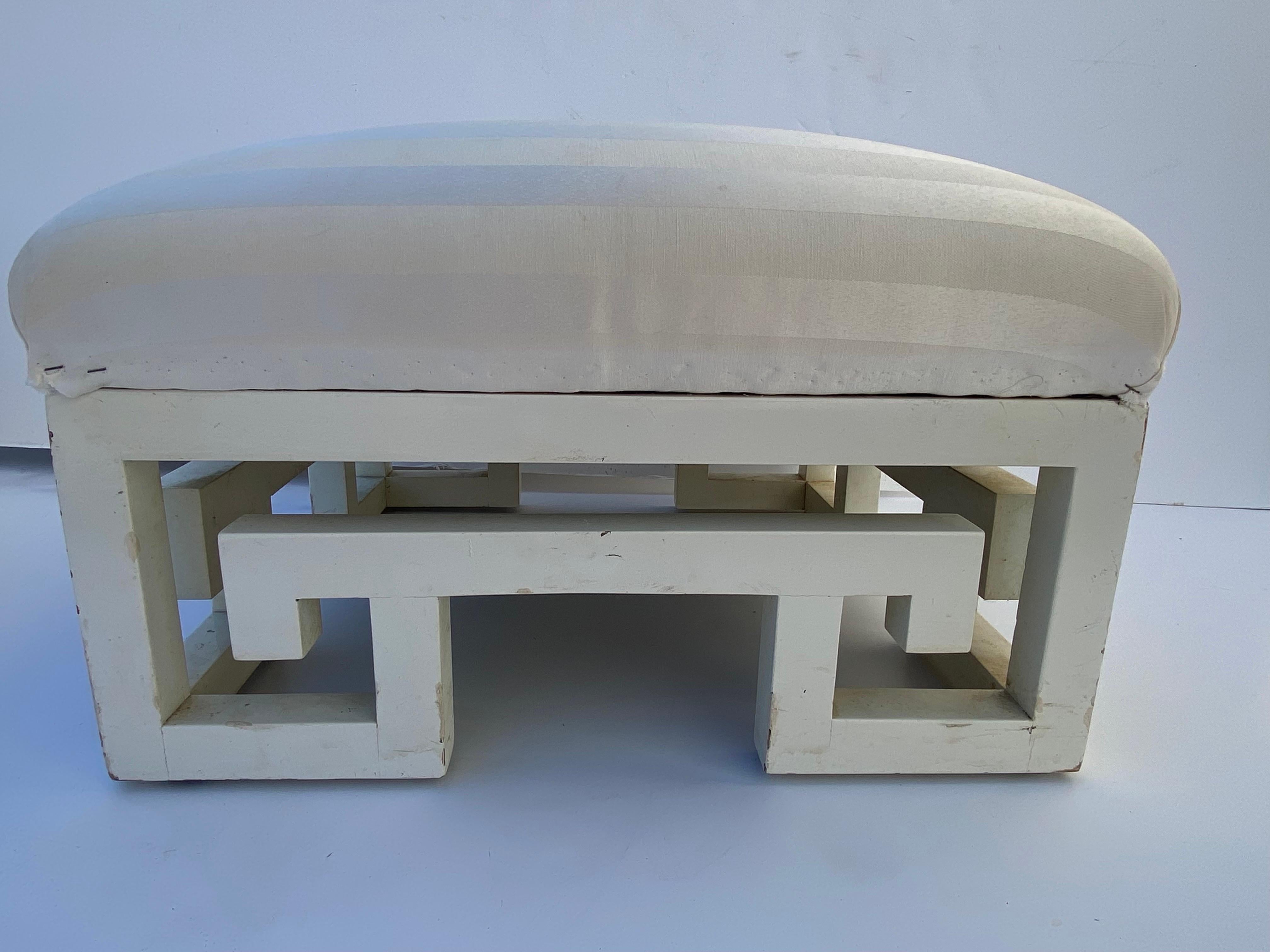 Pair of Vintage Greek Key White Lacquer Painted Ottomans, Late 20th Century 1