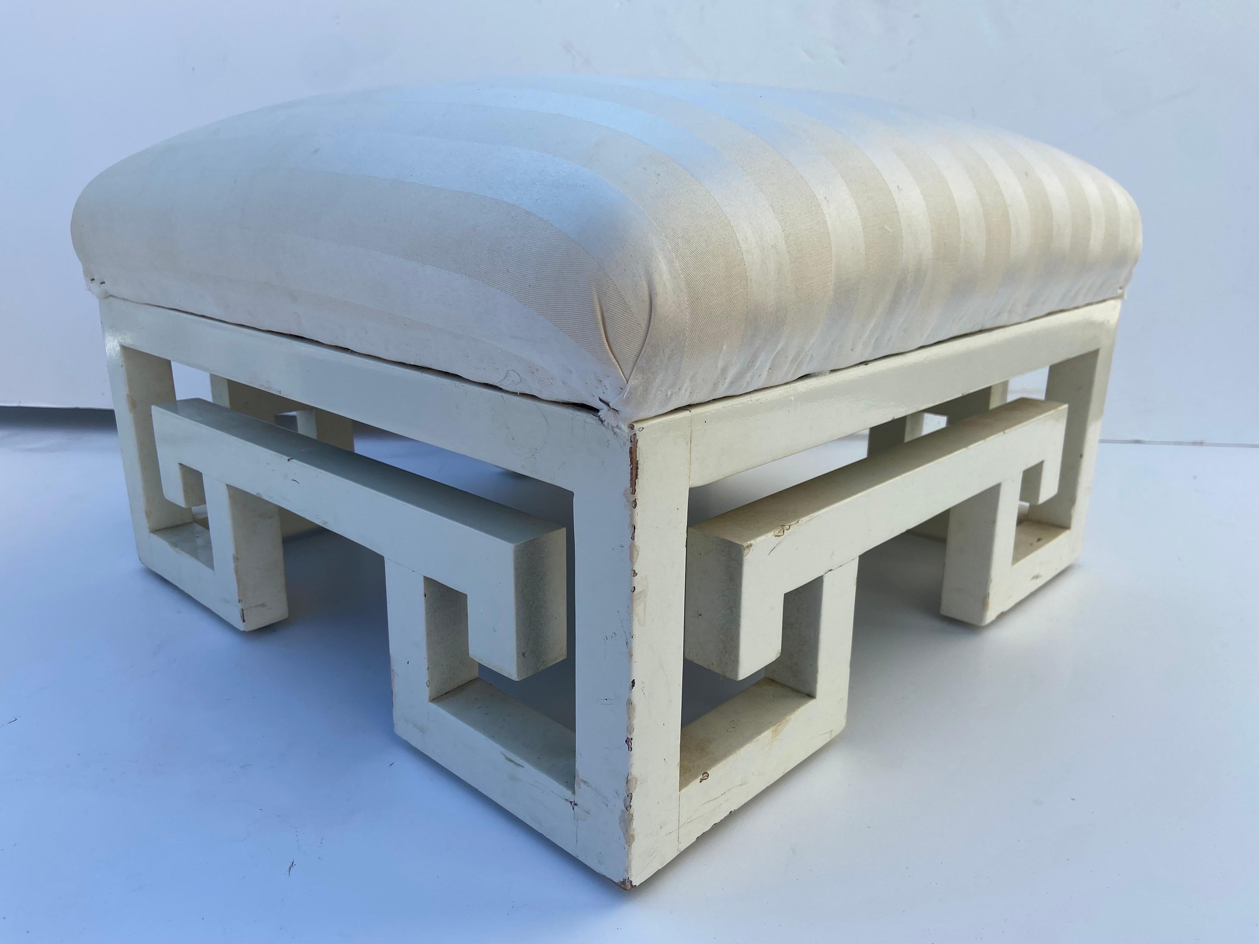 Pair of Vintage Greek Key White Lacquer Painted Ottomans, Late 20th Century 2