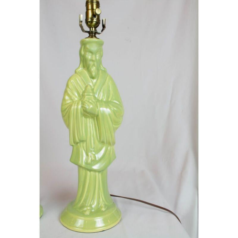 Chinoiserie Pair of Vintage Green Asian Figural Lamps For Sale