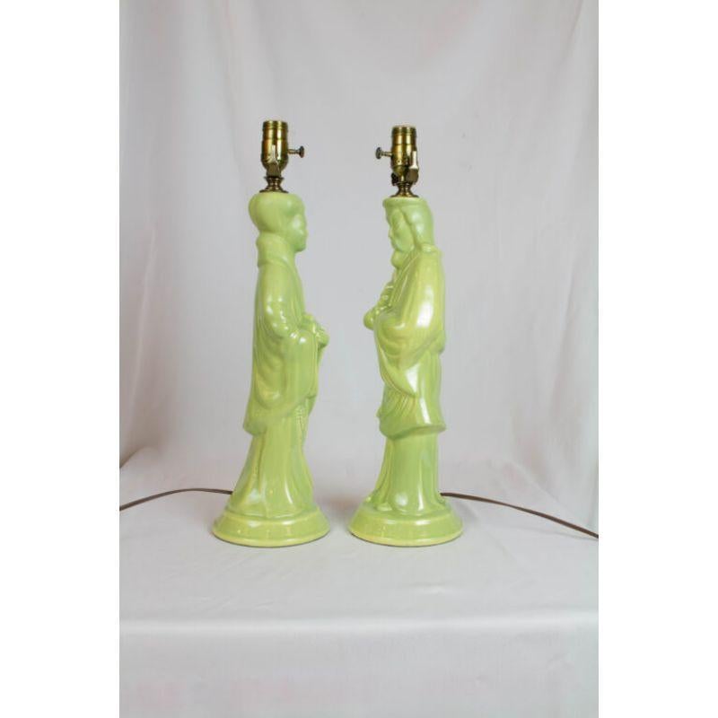 American Pair of Vintage Green Asian Figural Lamps For Sale